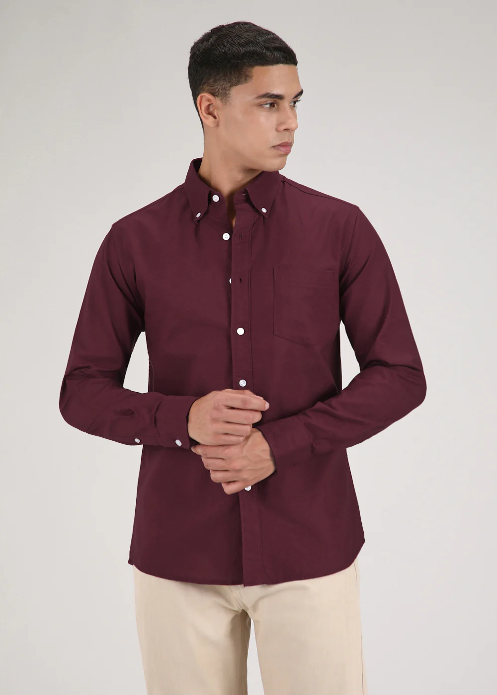 Maroon Plain Cotton Oxford Shirt - Image 3
