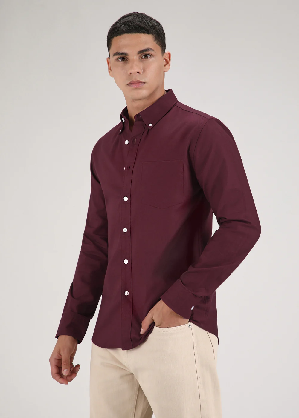 Maroon Plain Cotton Oxford Shirt - Image 5