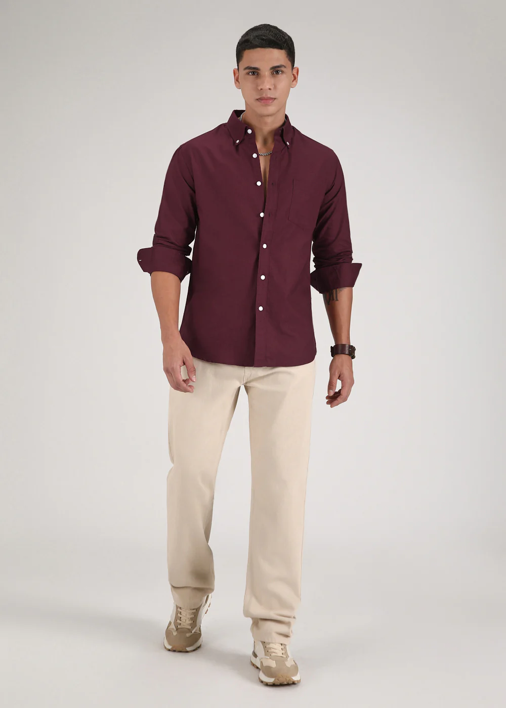 Maroon Plain Cotton Oxford Shirt - Image 6