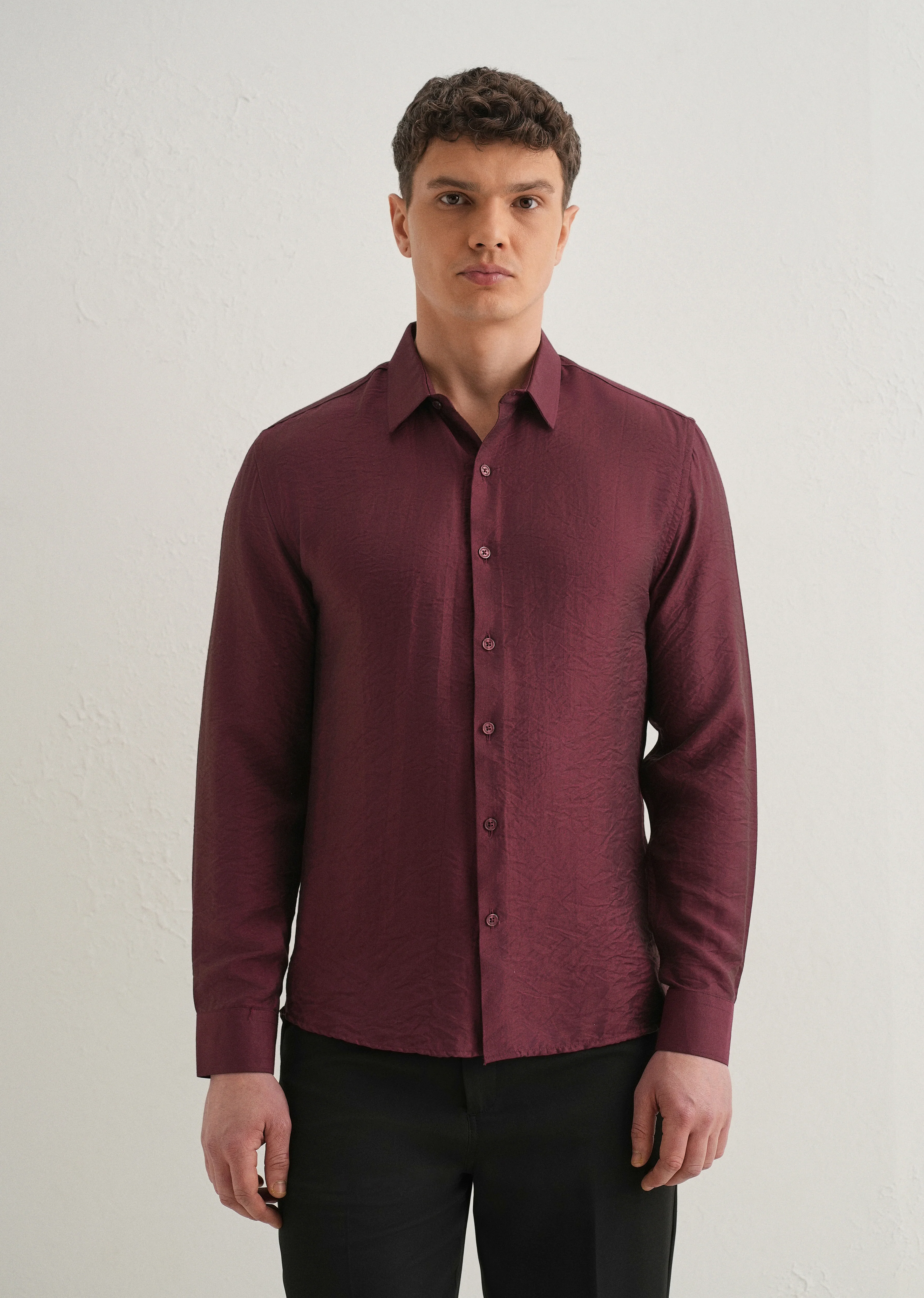 Maroon Plain Crushed Satin Shirt - Image 3