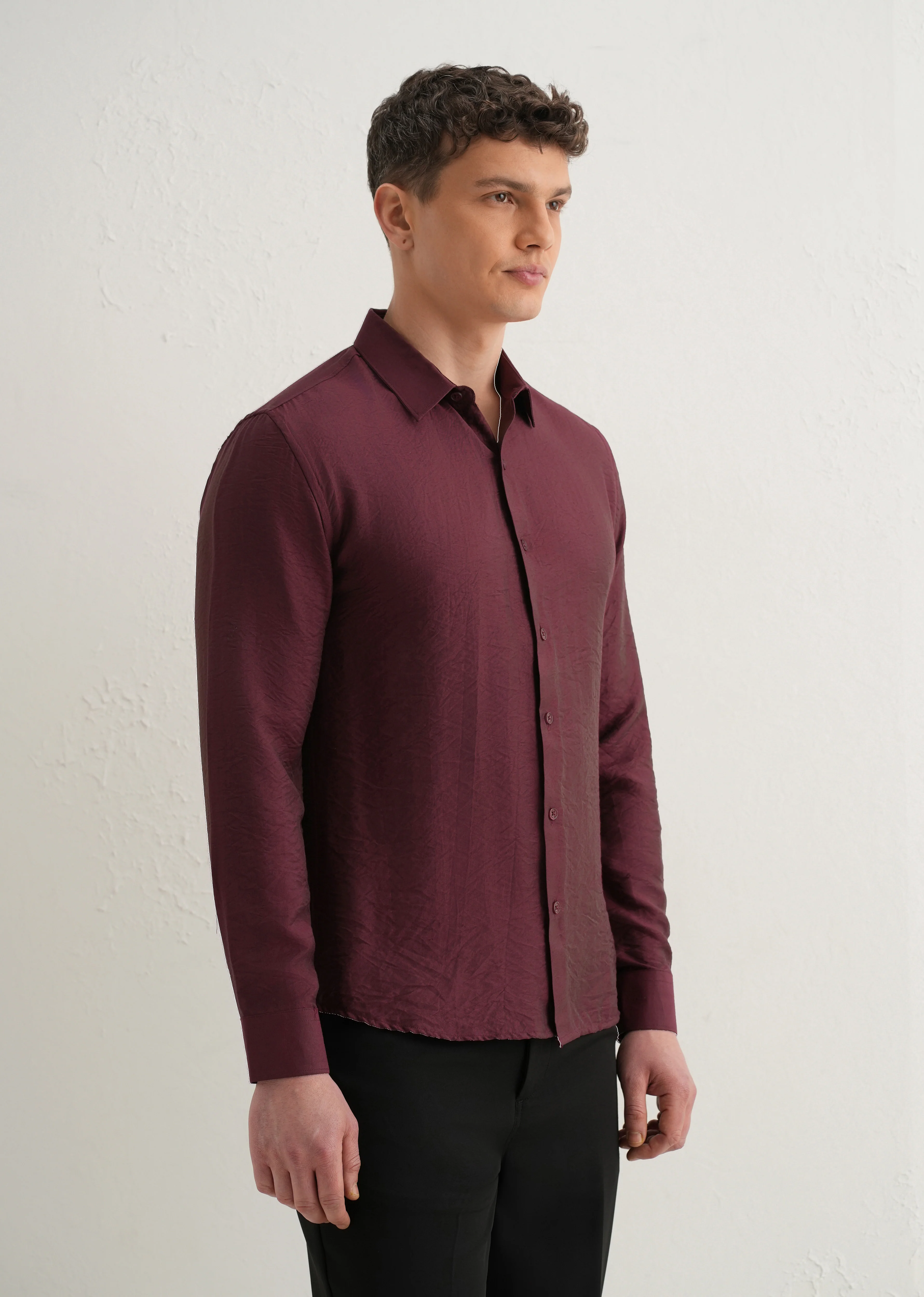 Maroon Plain Crushed Satin Shirt - Image 4