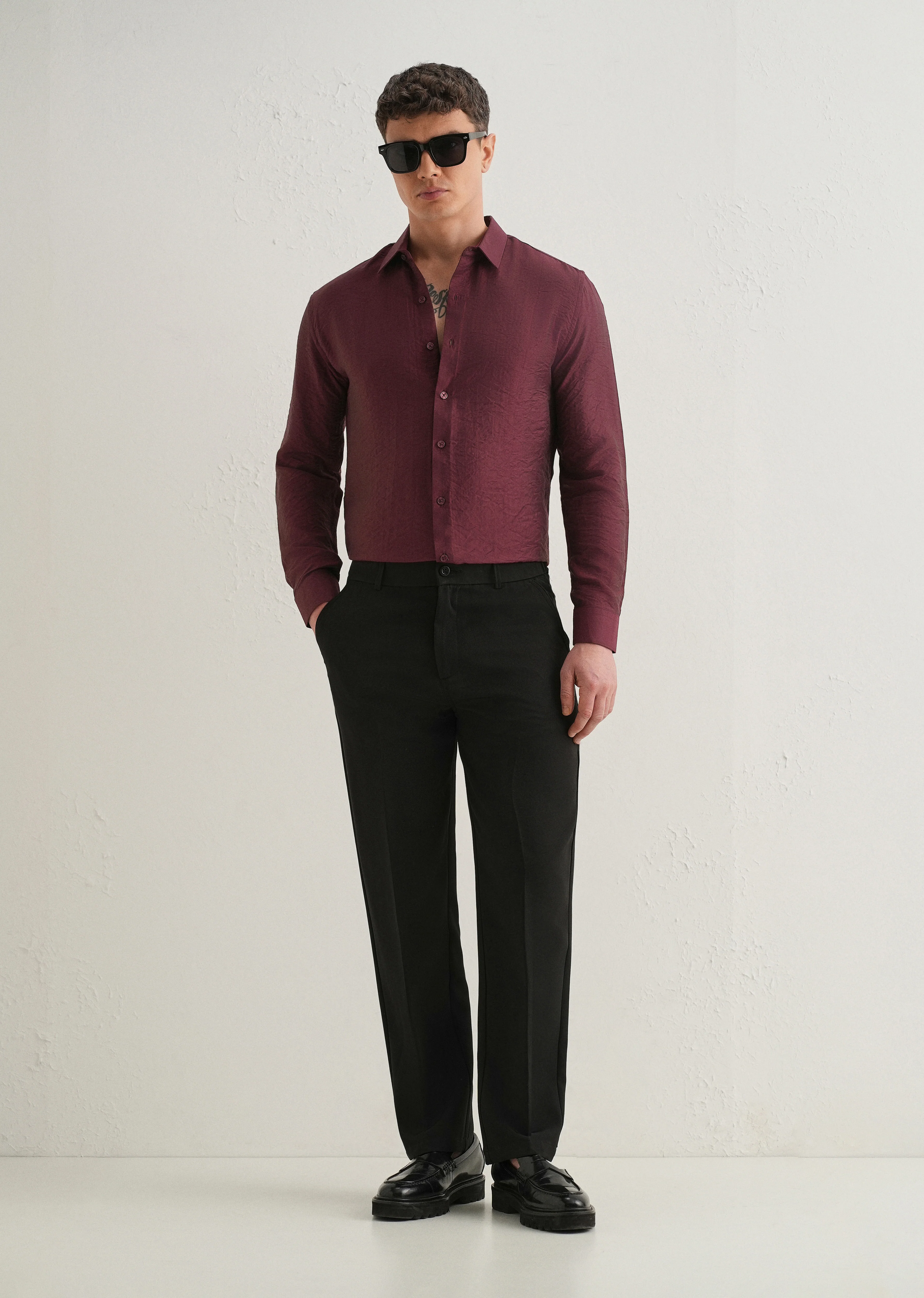 Maroon Plain Crushed Satin Shirt - Image 6