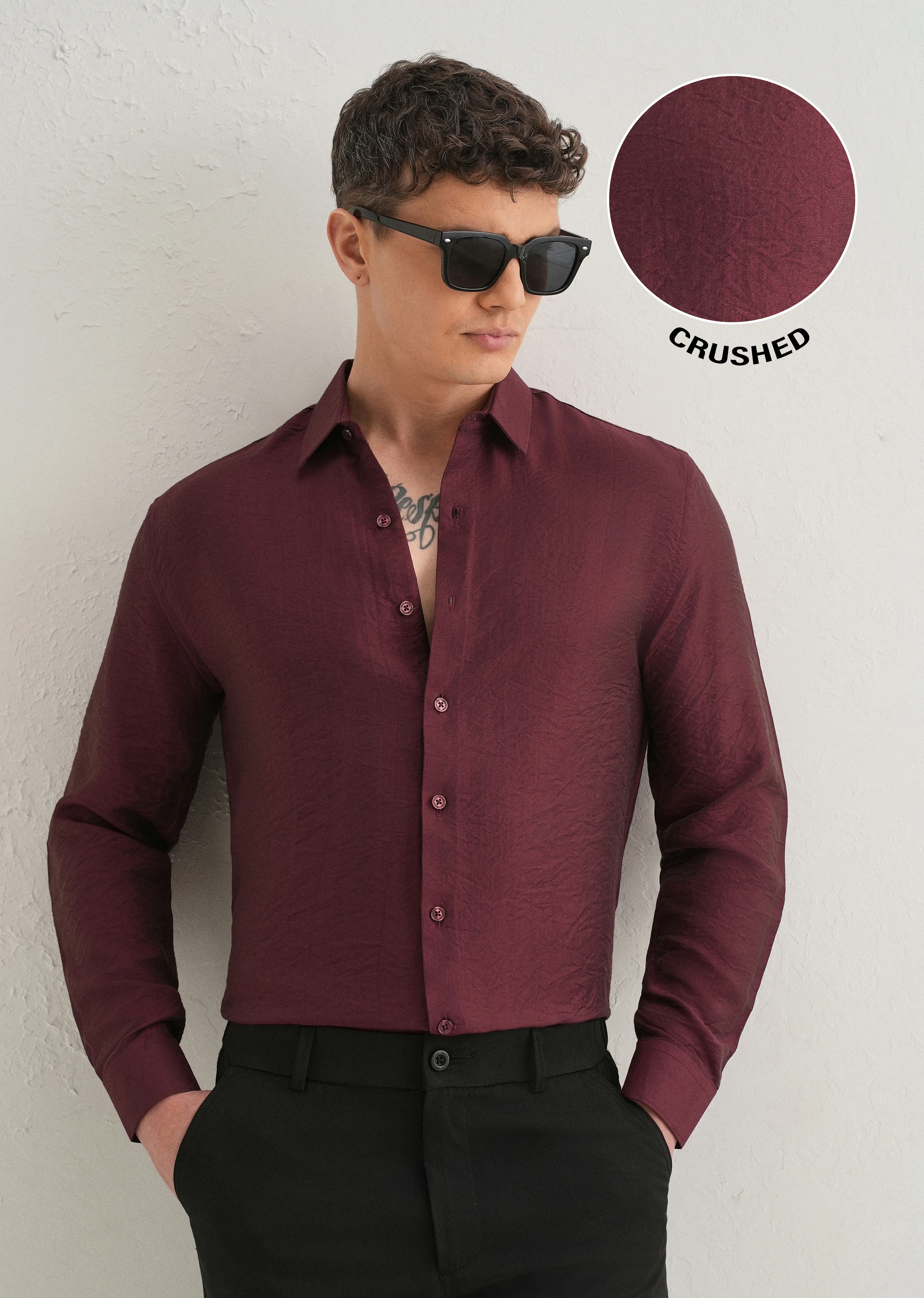 Maroon Plain Crushed Satin Shirt - Image 7