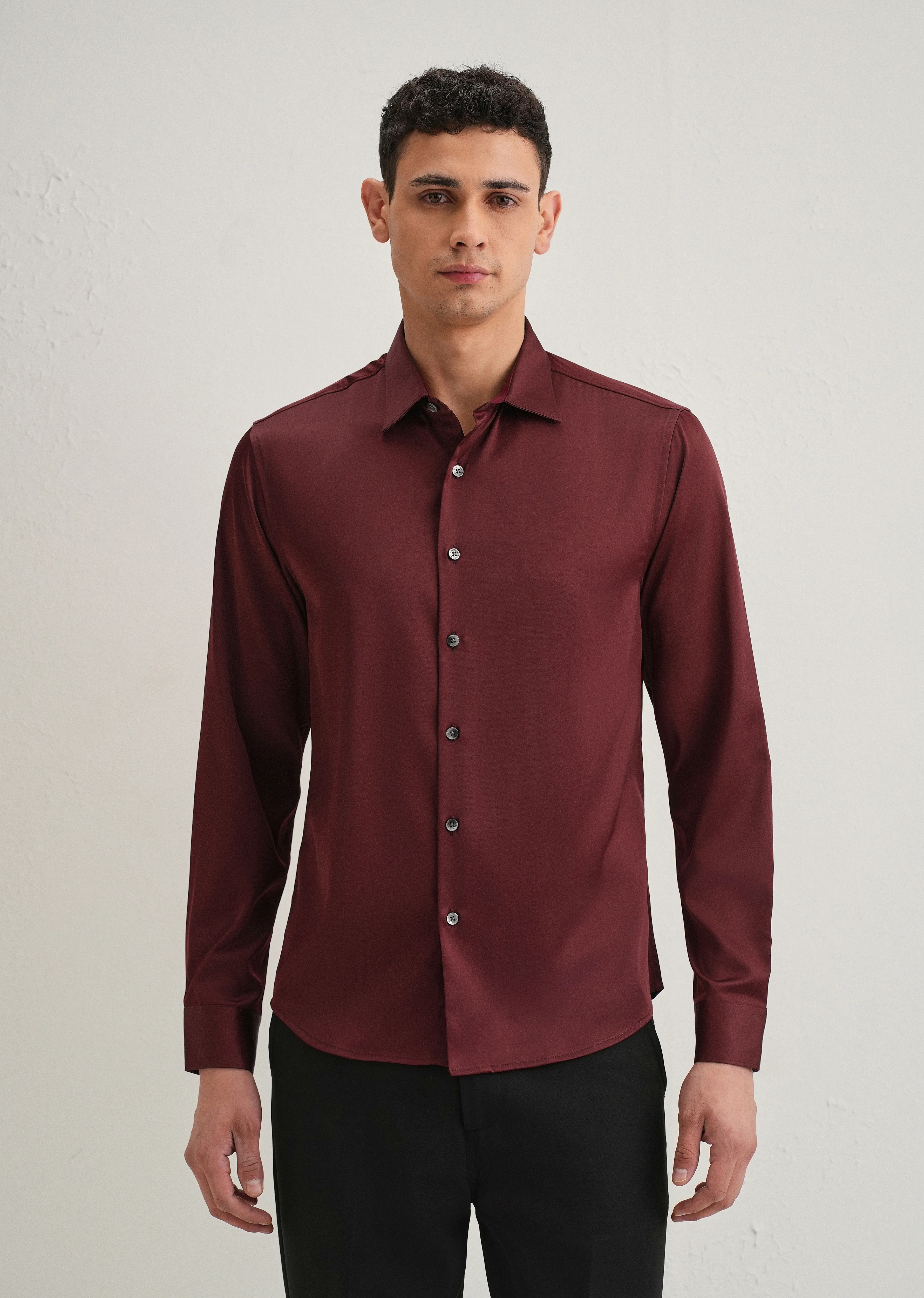 Maroon Premium Satin-Finish Plain Shirt - Image 5