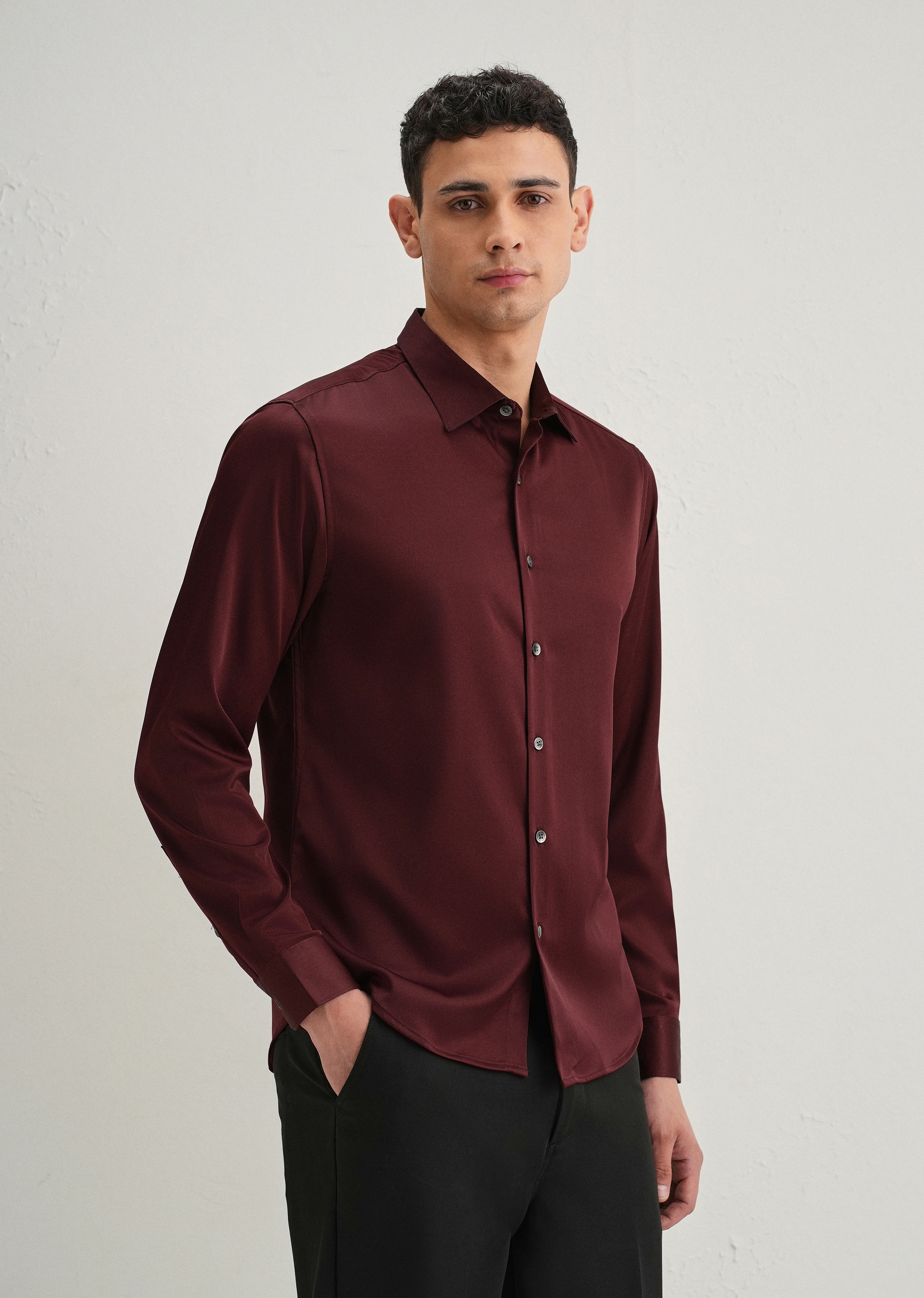Maroon Premium Satin-Finish Plain Shirt - Image 6