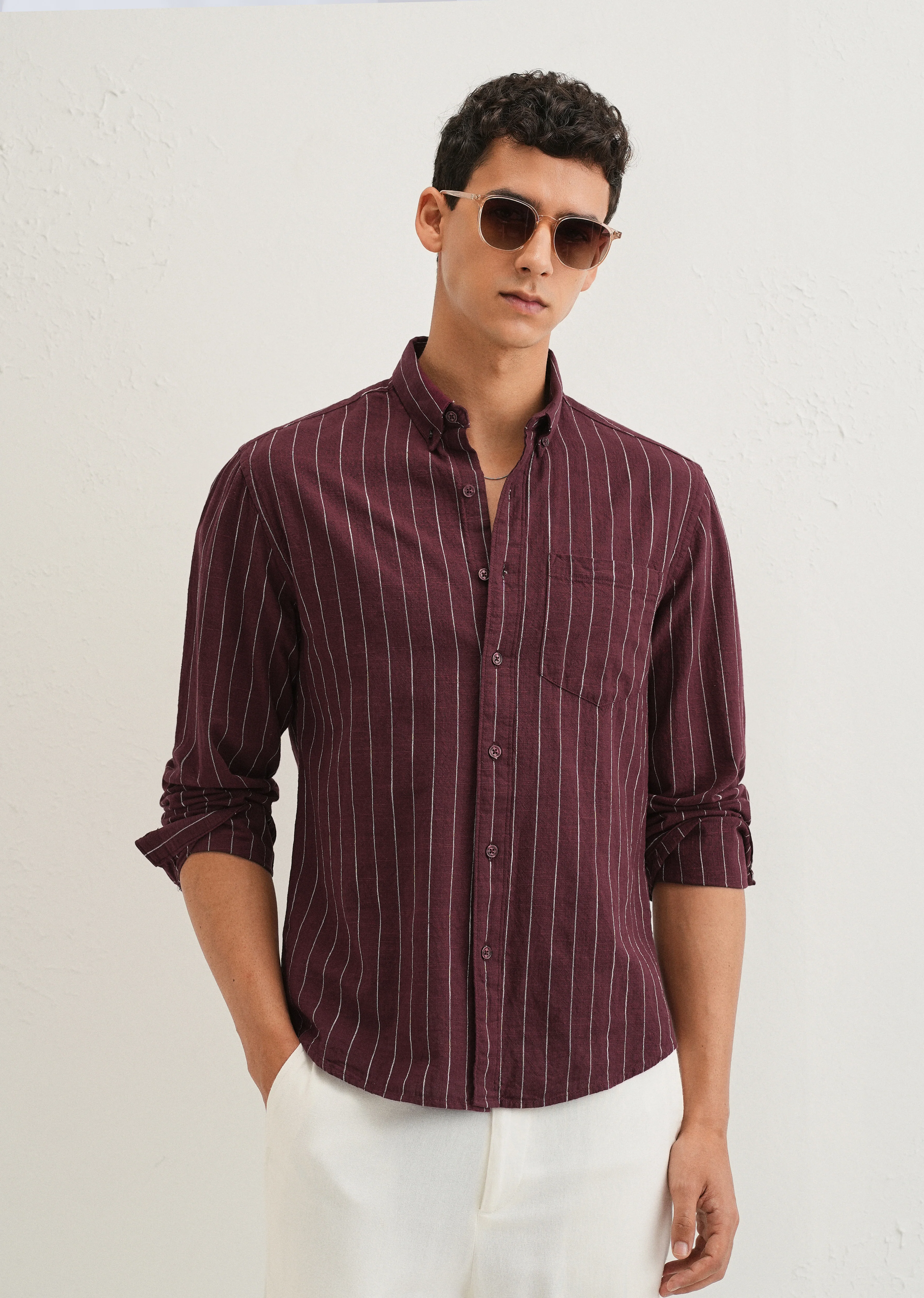 Maroon Striped Cotton Linen Shirt - Image 2