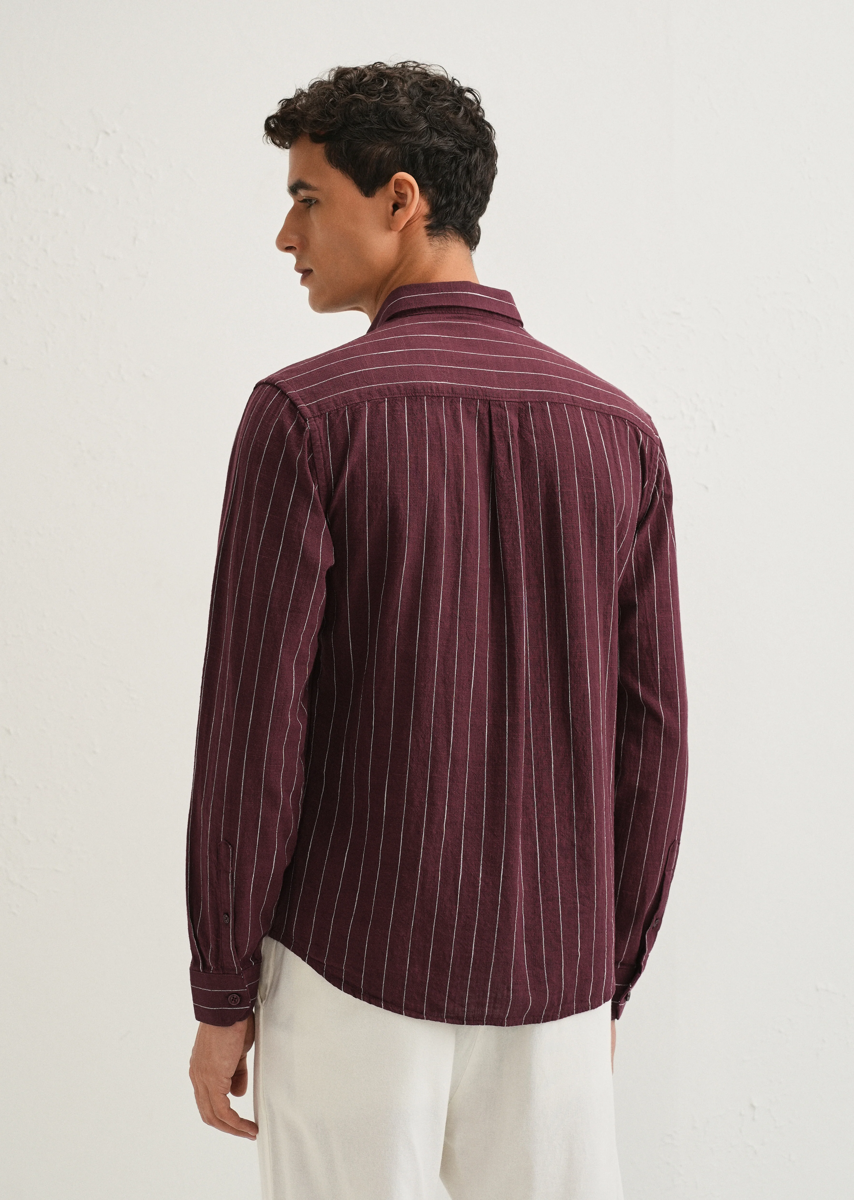 Maroon Striped Cotton Linen Shirt - Image 3