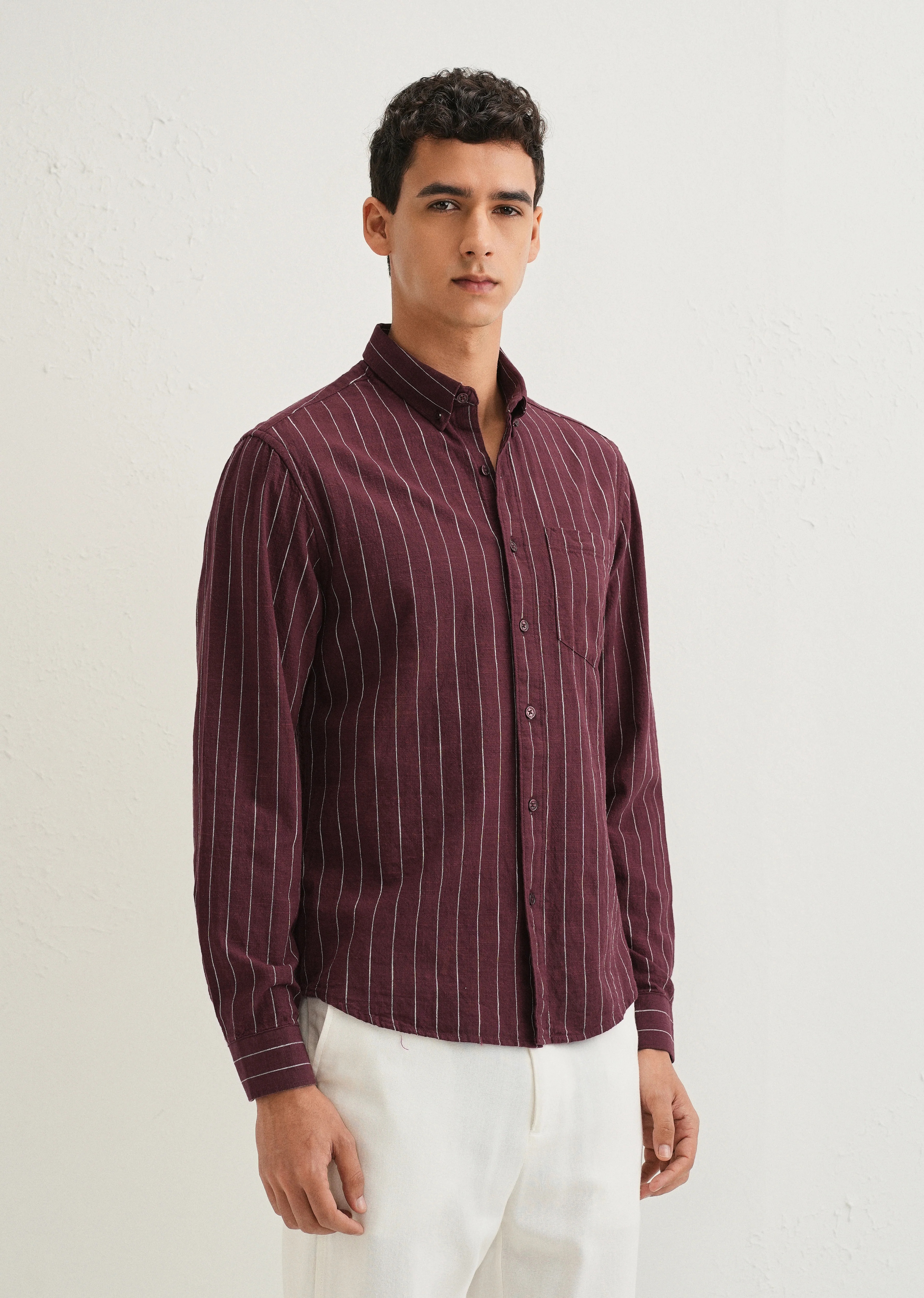 Maroon Striped Cotton Linen Shirt - Image 5