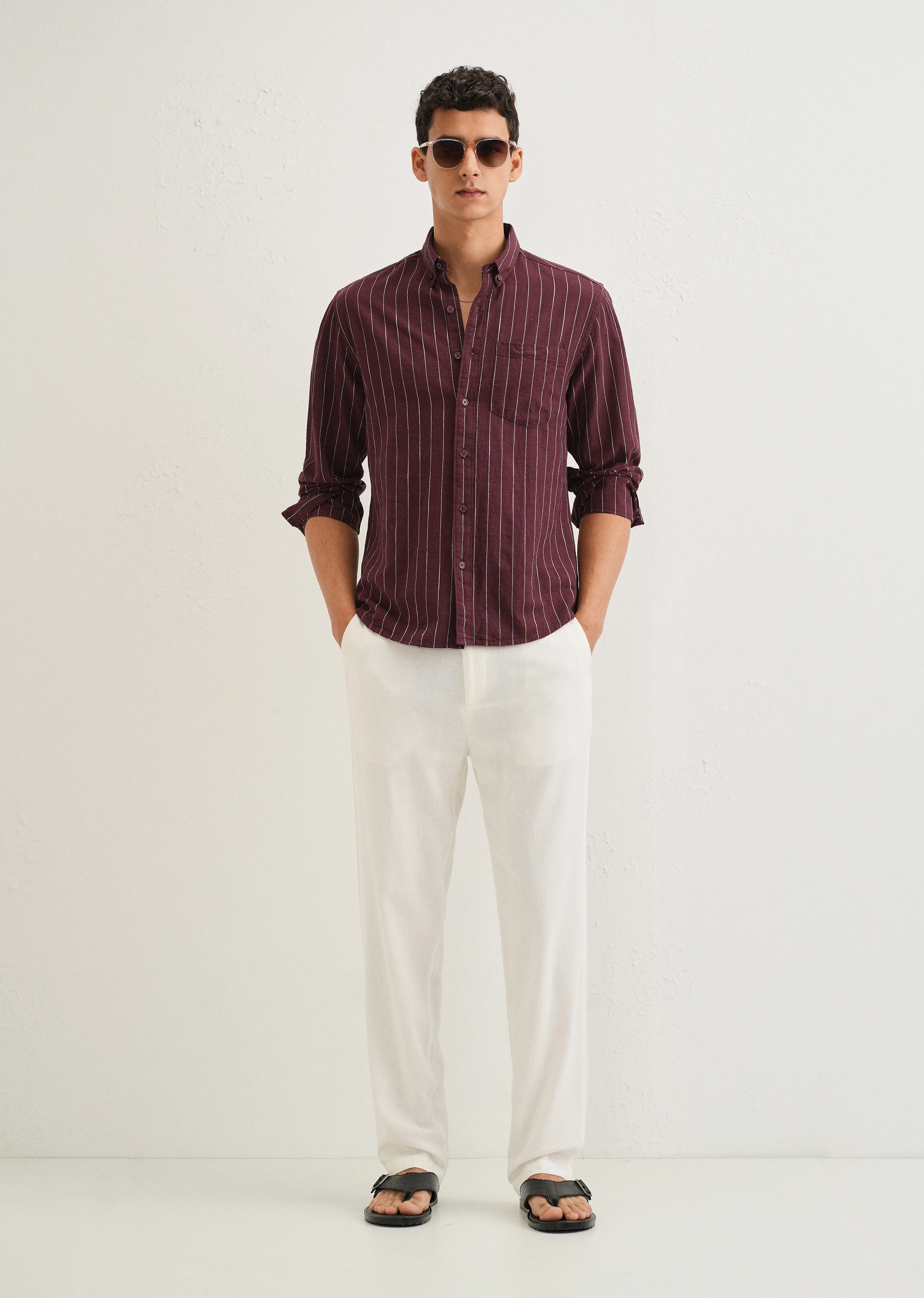 Maroon Striped Cotton Linen Shirt - Image 6