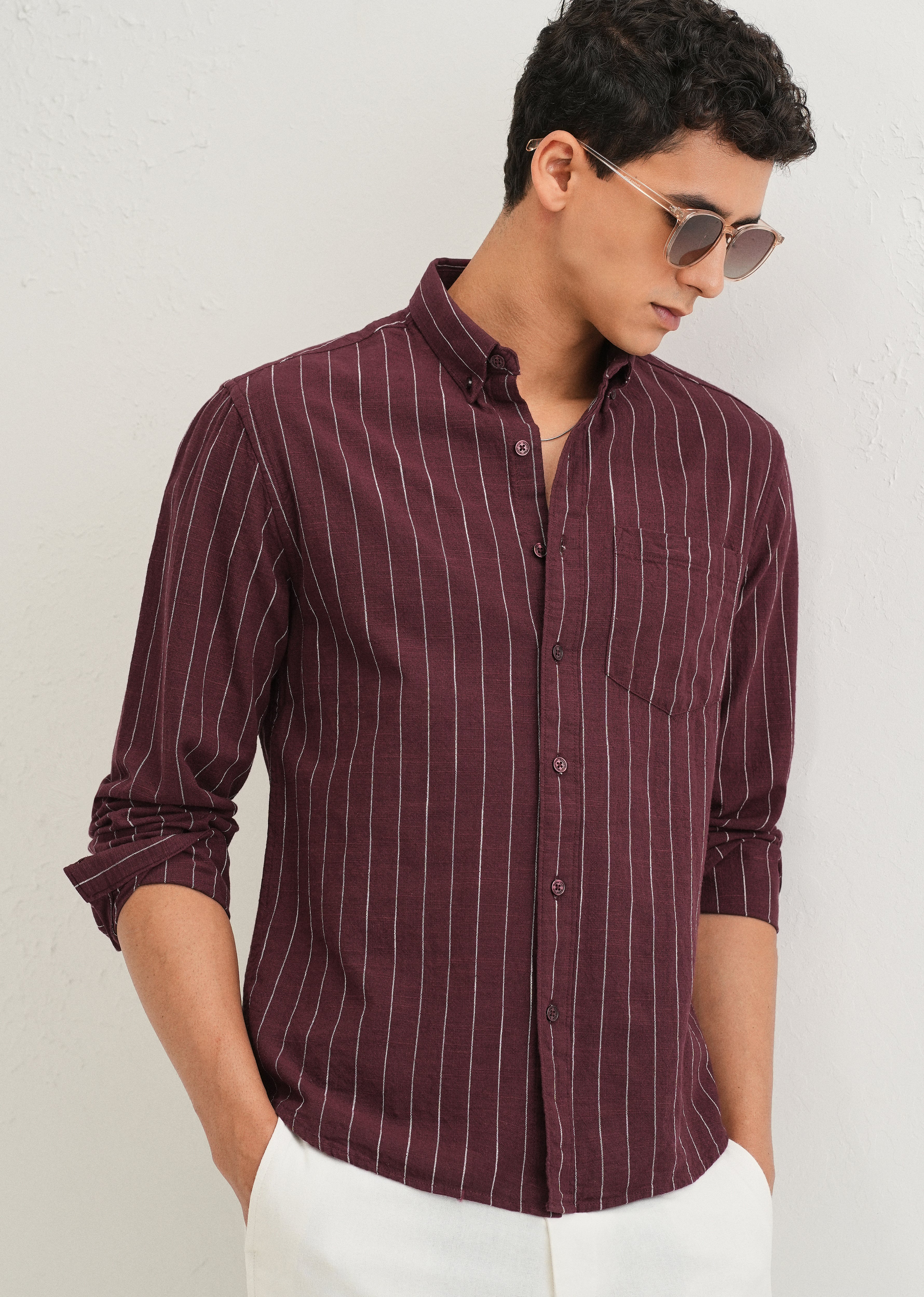 Maroon Striped Cotton Linen Shirt - Image 7