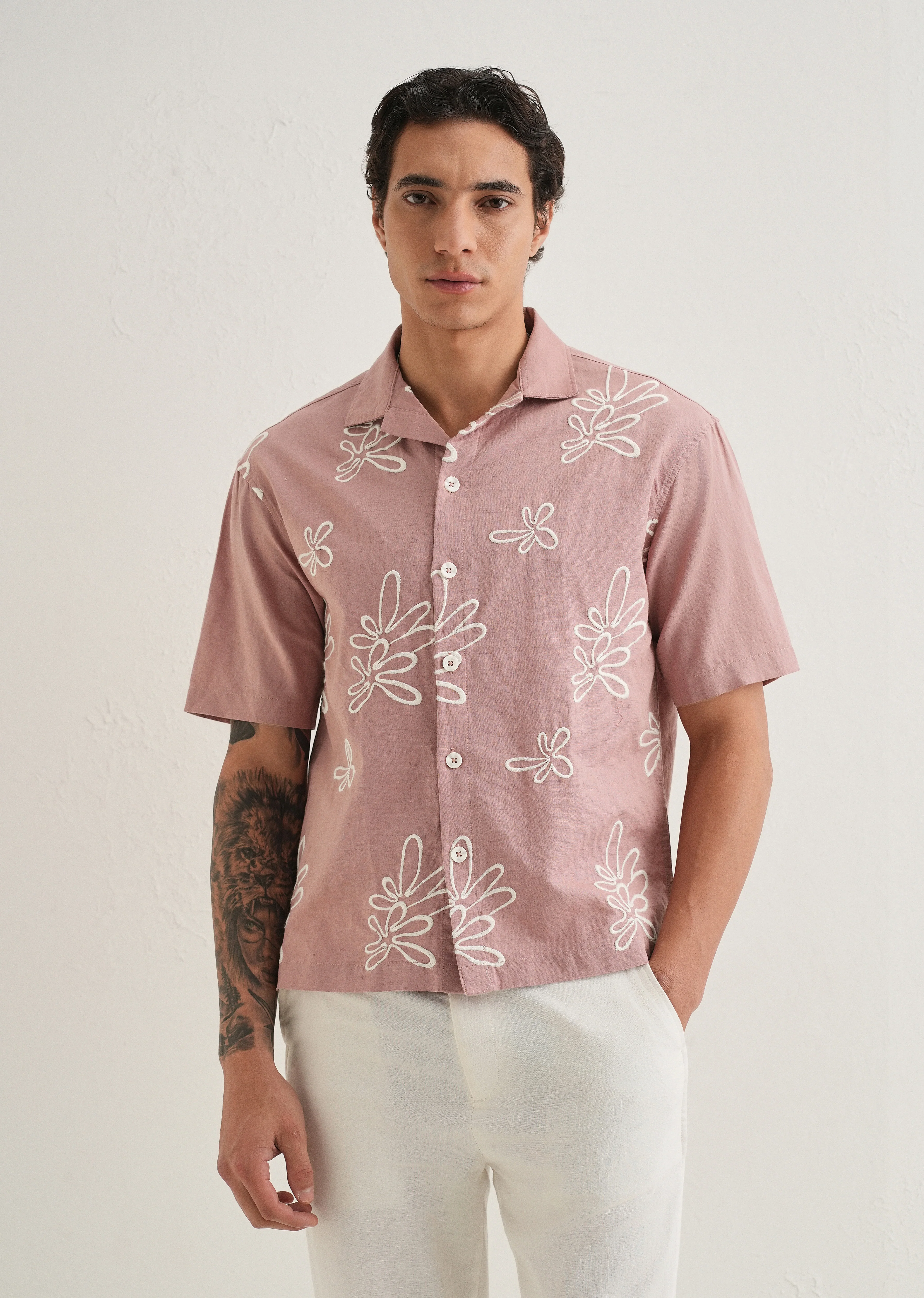 Mauve Pink Embroidered Cotton Linen Shirt - Image 4