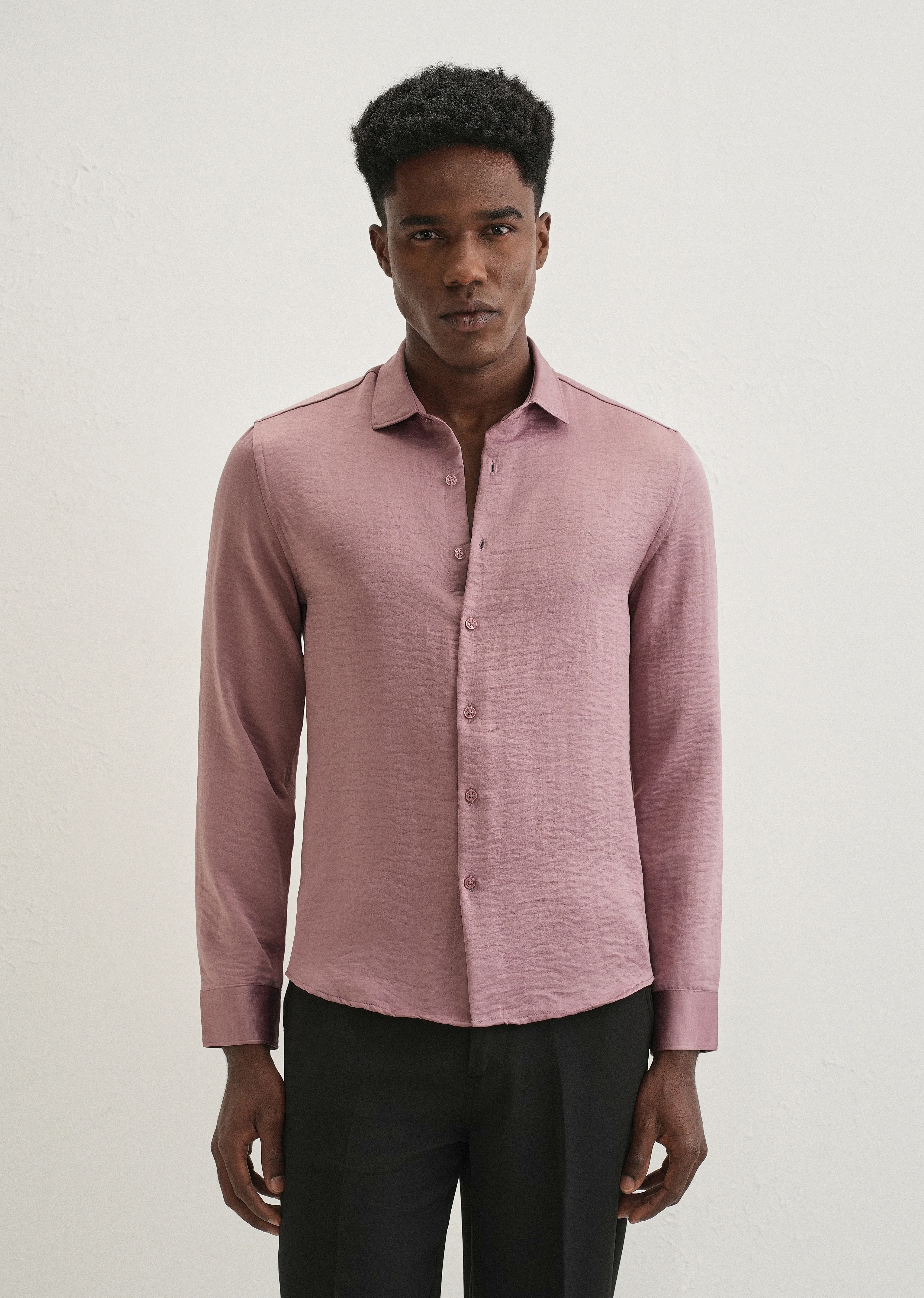 Mauve Pink Plain Crushed Satin Shirt - Image 5