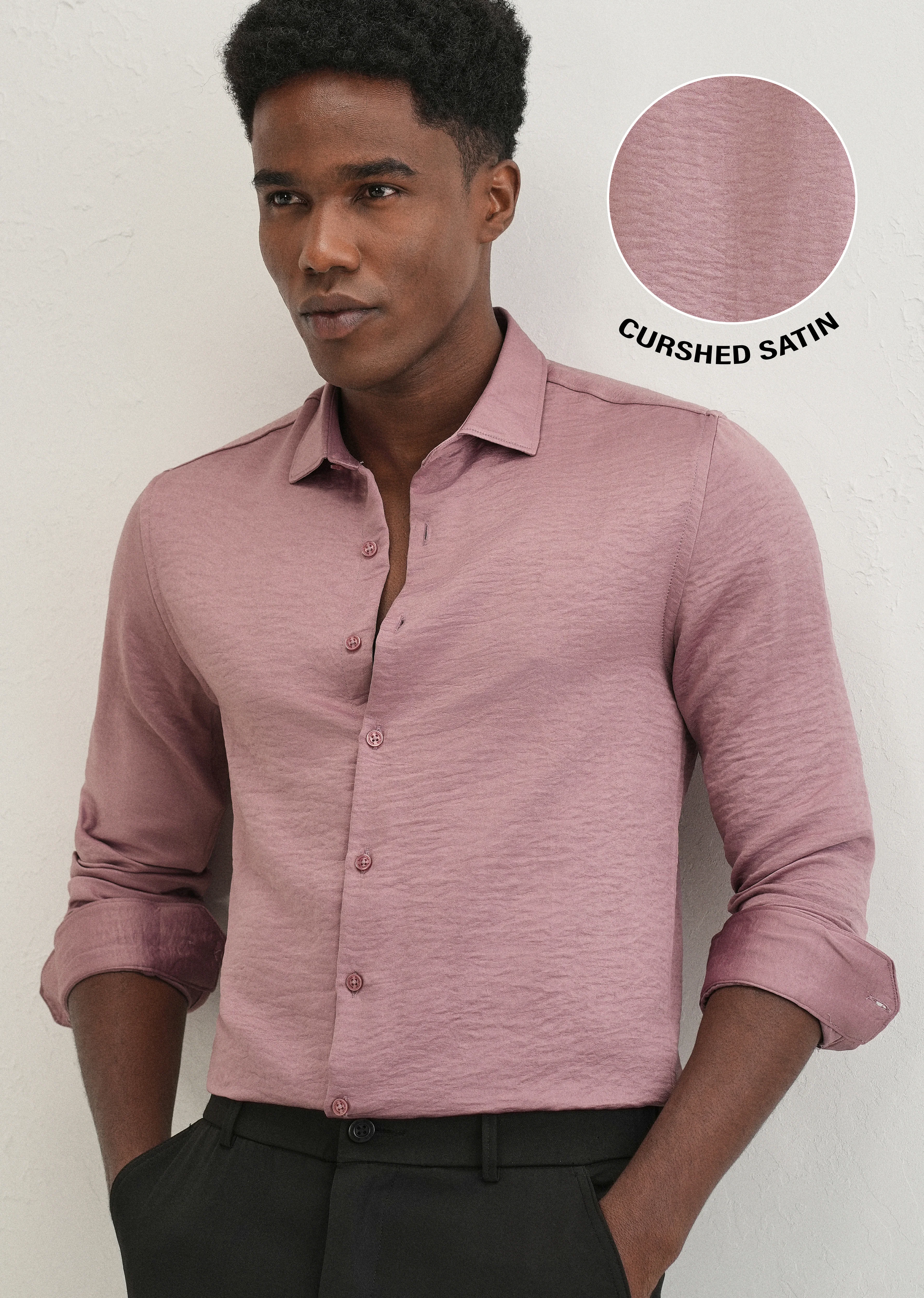 Mauve Pink Plain Crushed Satin Shirt - Image 7