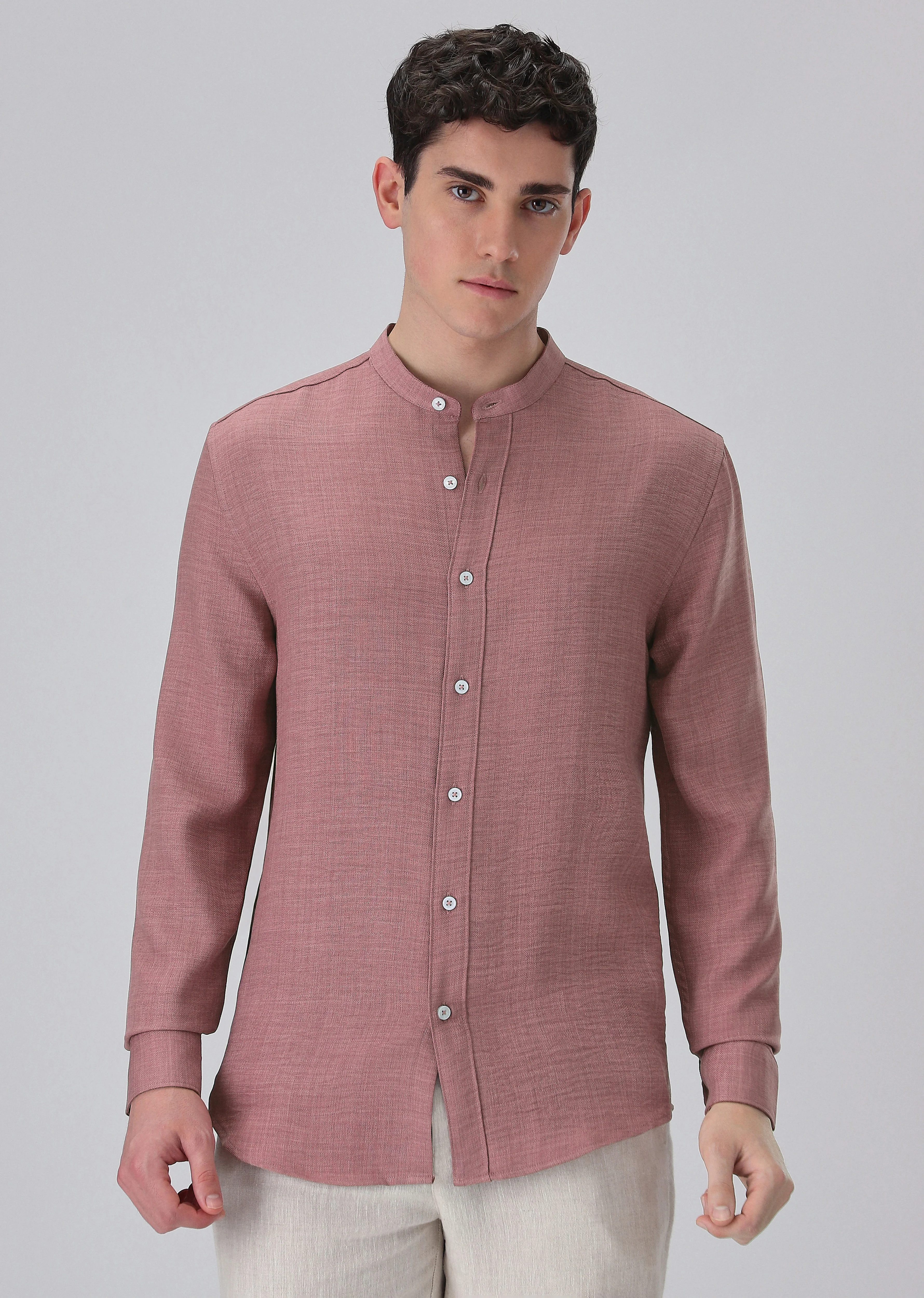 Mauve Pink Plain Mandarin Collar Shirt - Image 3