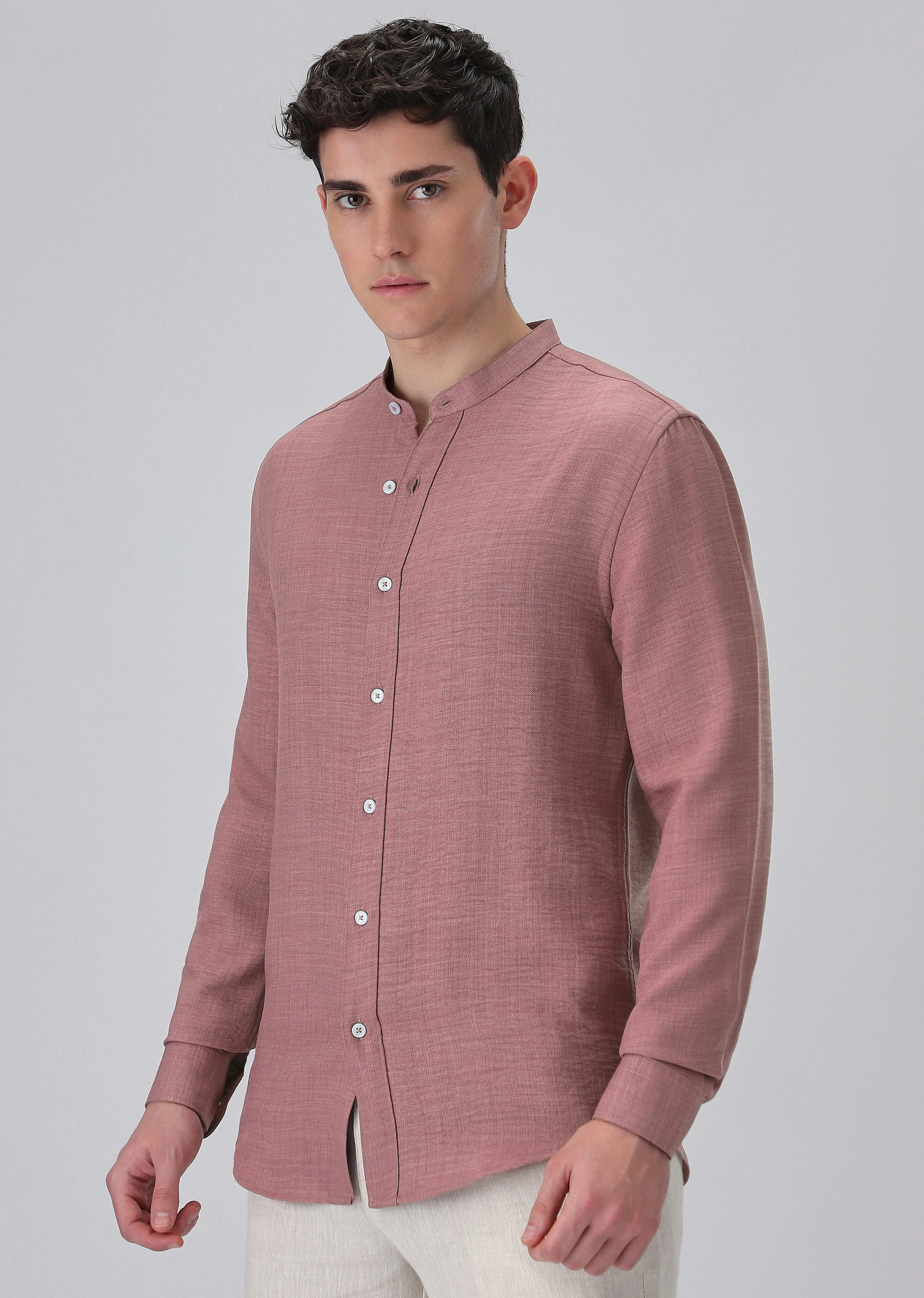 Mauve Pink Plain Mandarin Collar Shirt - Image 4