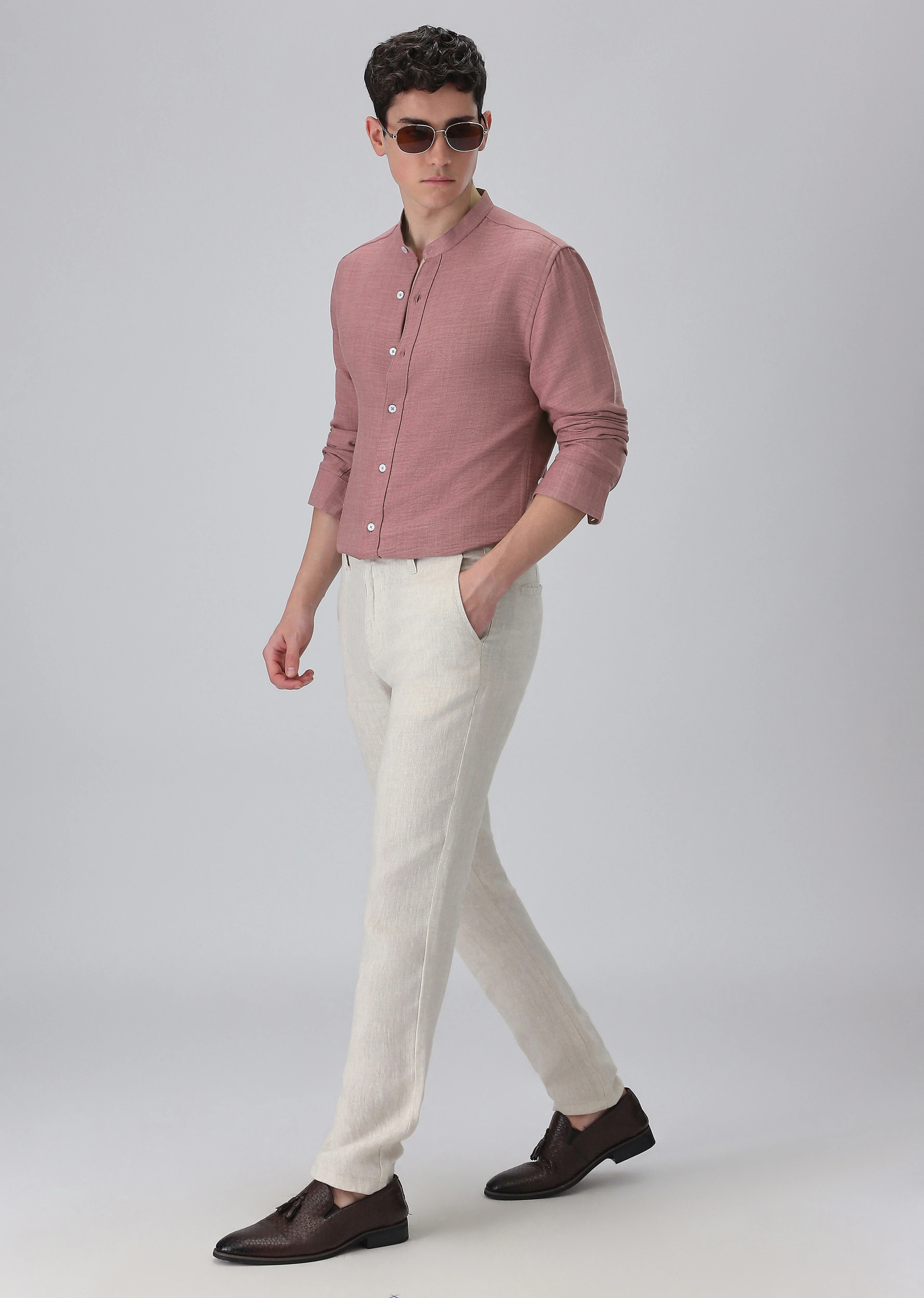 Mauve Pink Plain Mandarin Collar Shirt - Image 6