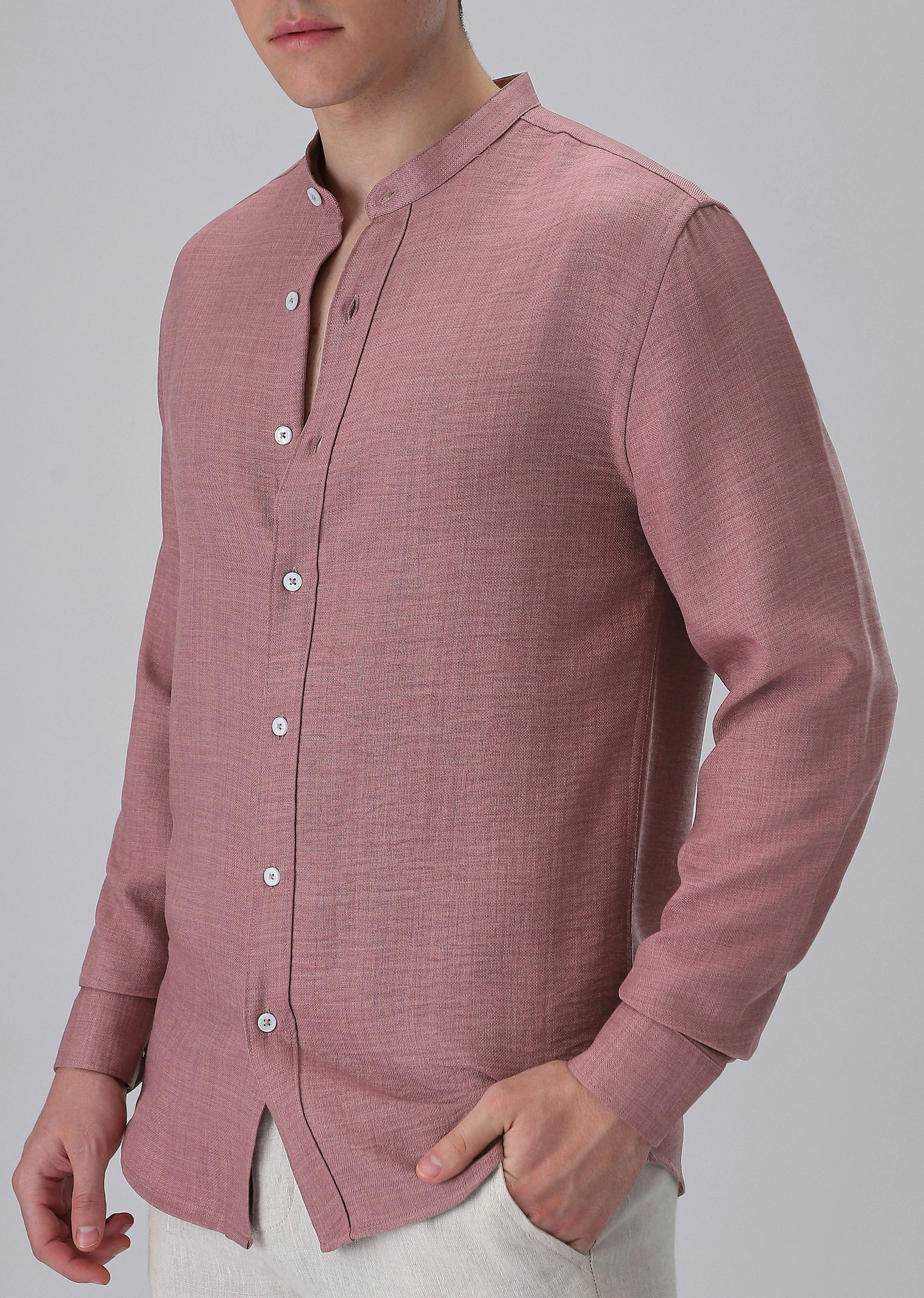 Mauve Pink Plain Mandarin Collar Shirt - Image 7