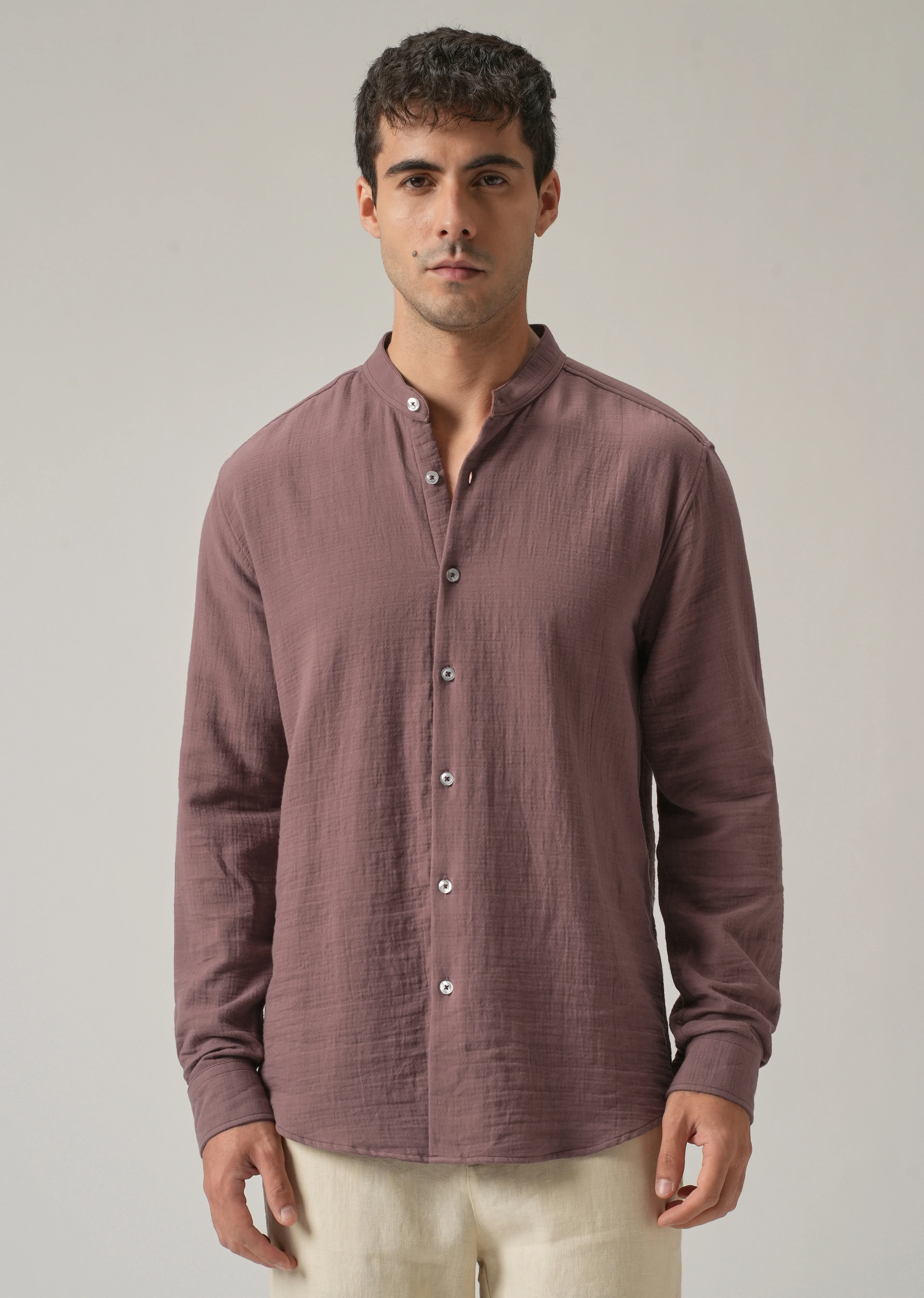 Mauve Plain Mandarin Collar Cotton Shirt - Image 3
