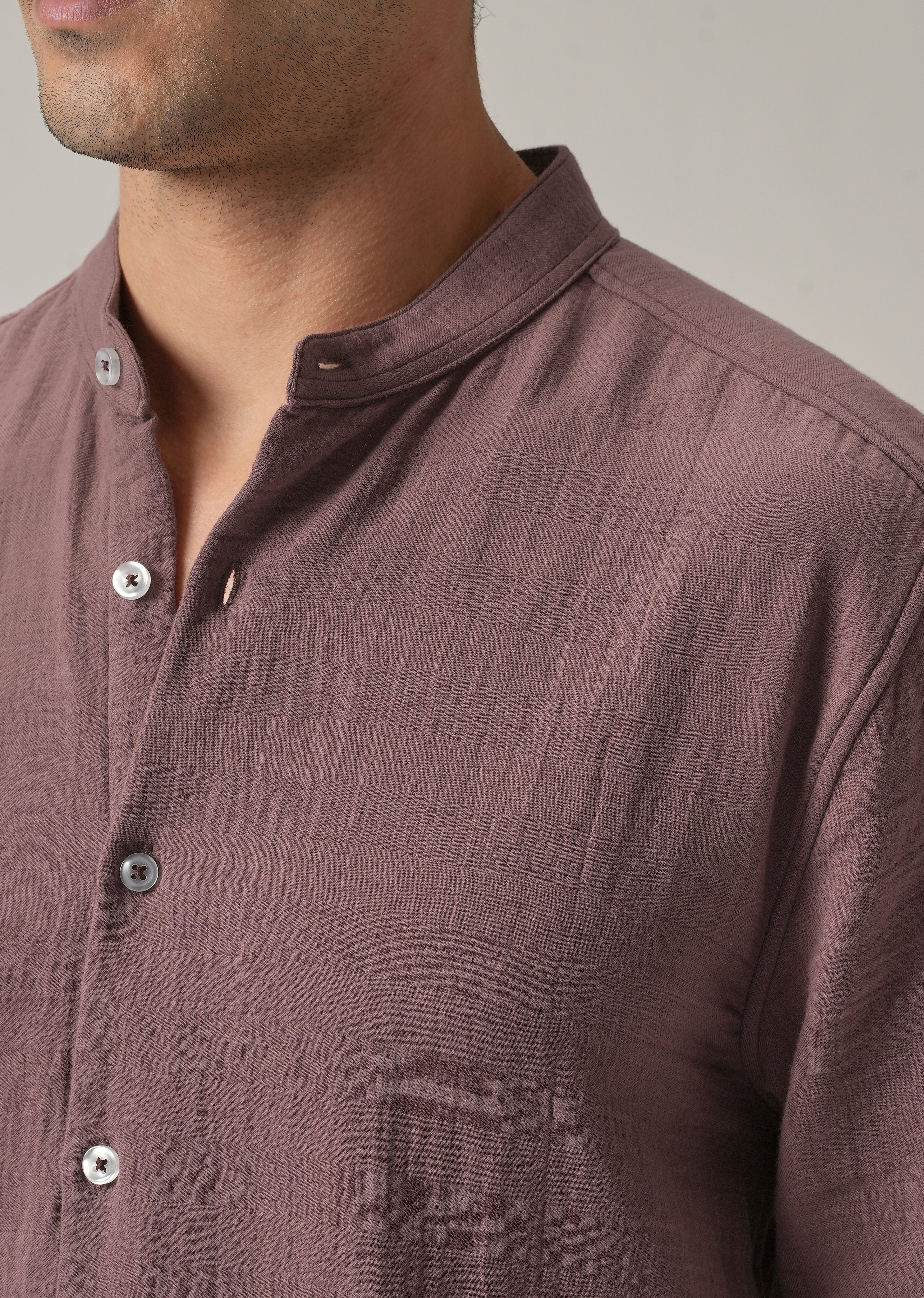 Mauve Plain Mandarin Collar Cotton Shirt - Image 5