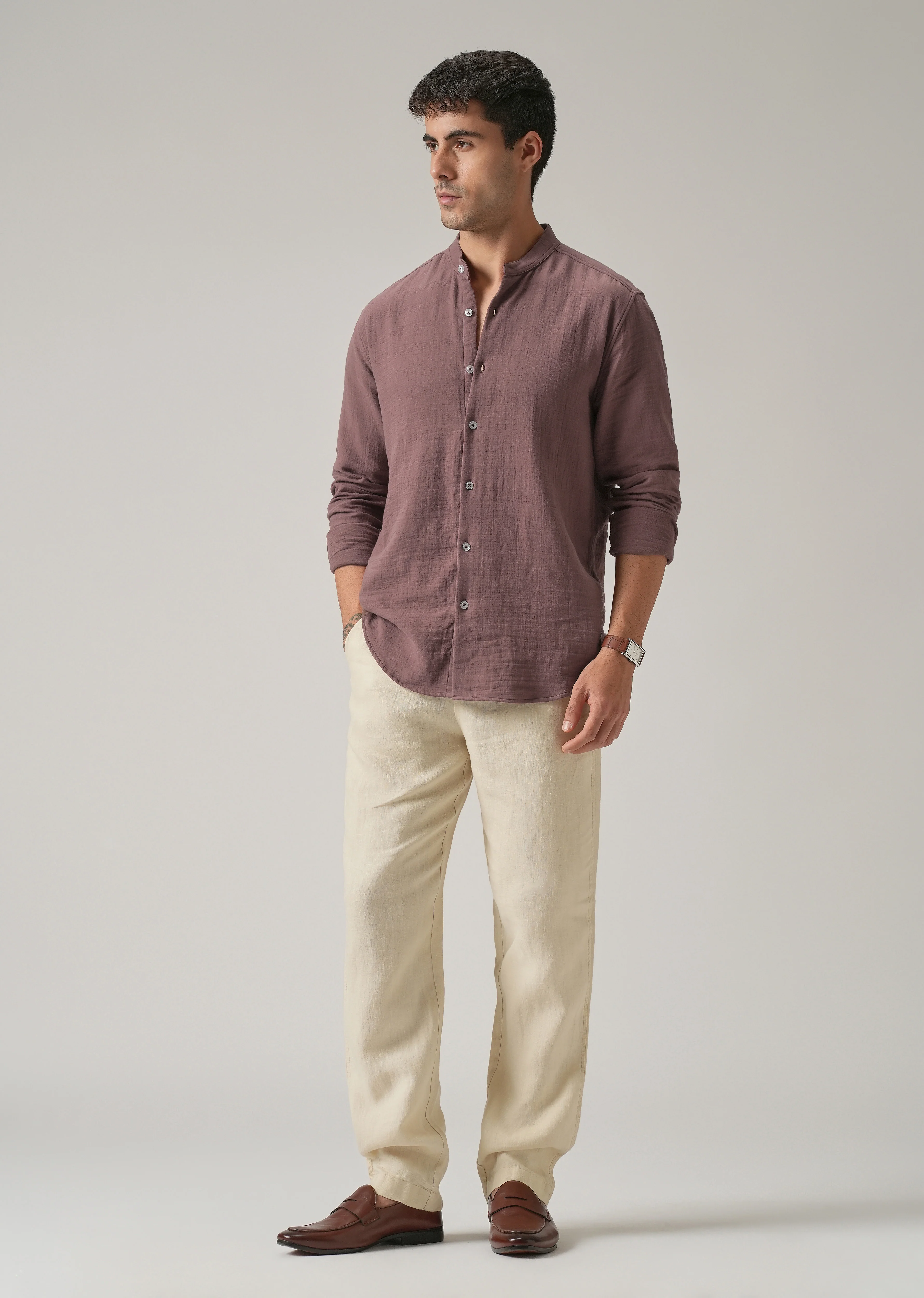 Mauve Plain Mandarin Collar Cotton Shirt - Image 6