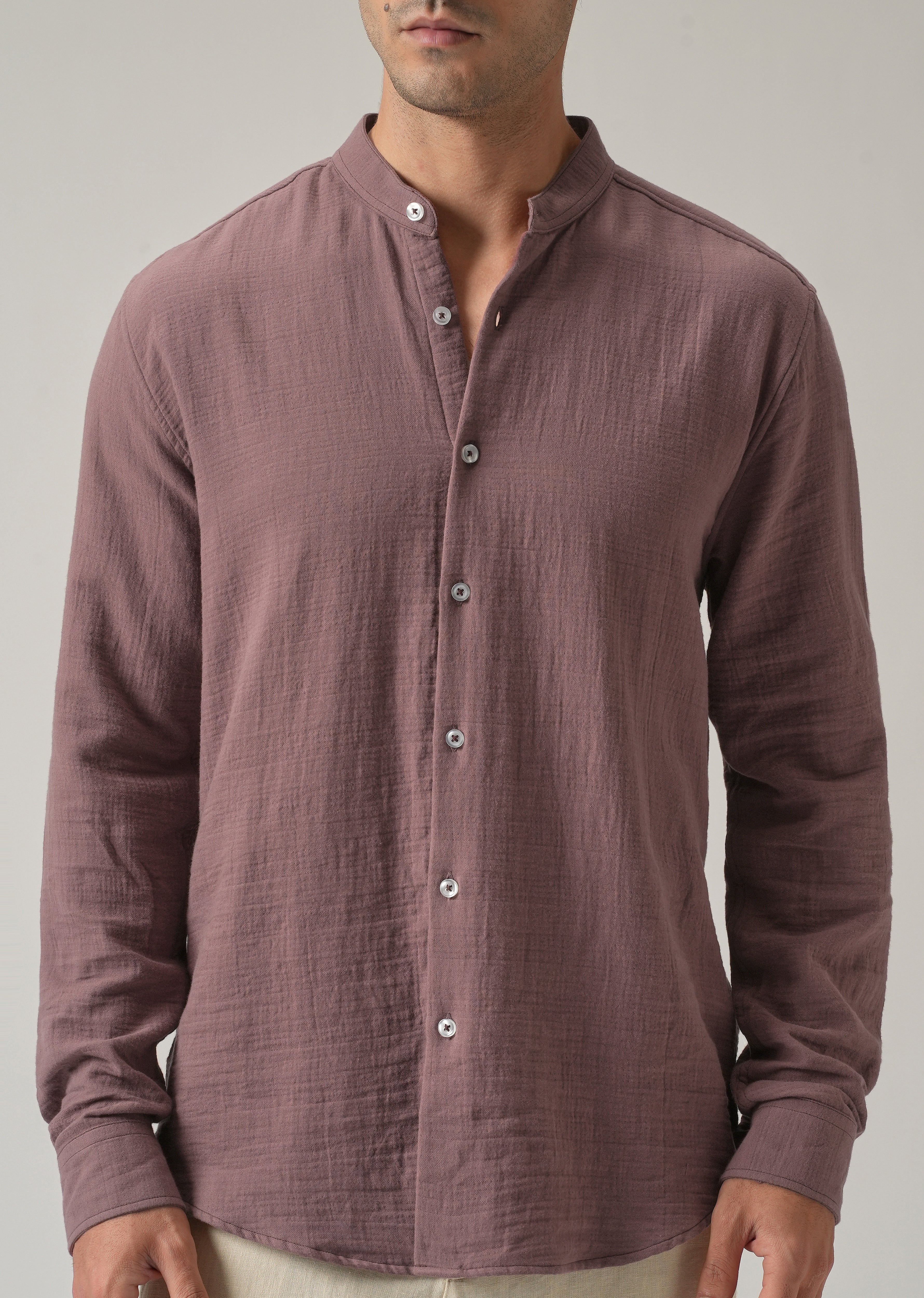 Mauve Plain Mandarin Collar Cotton Shirt - Image 7
