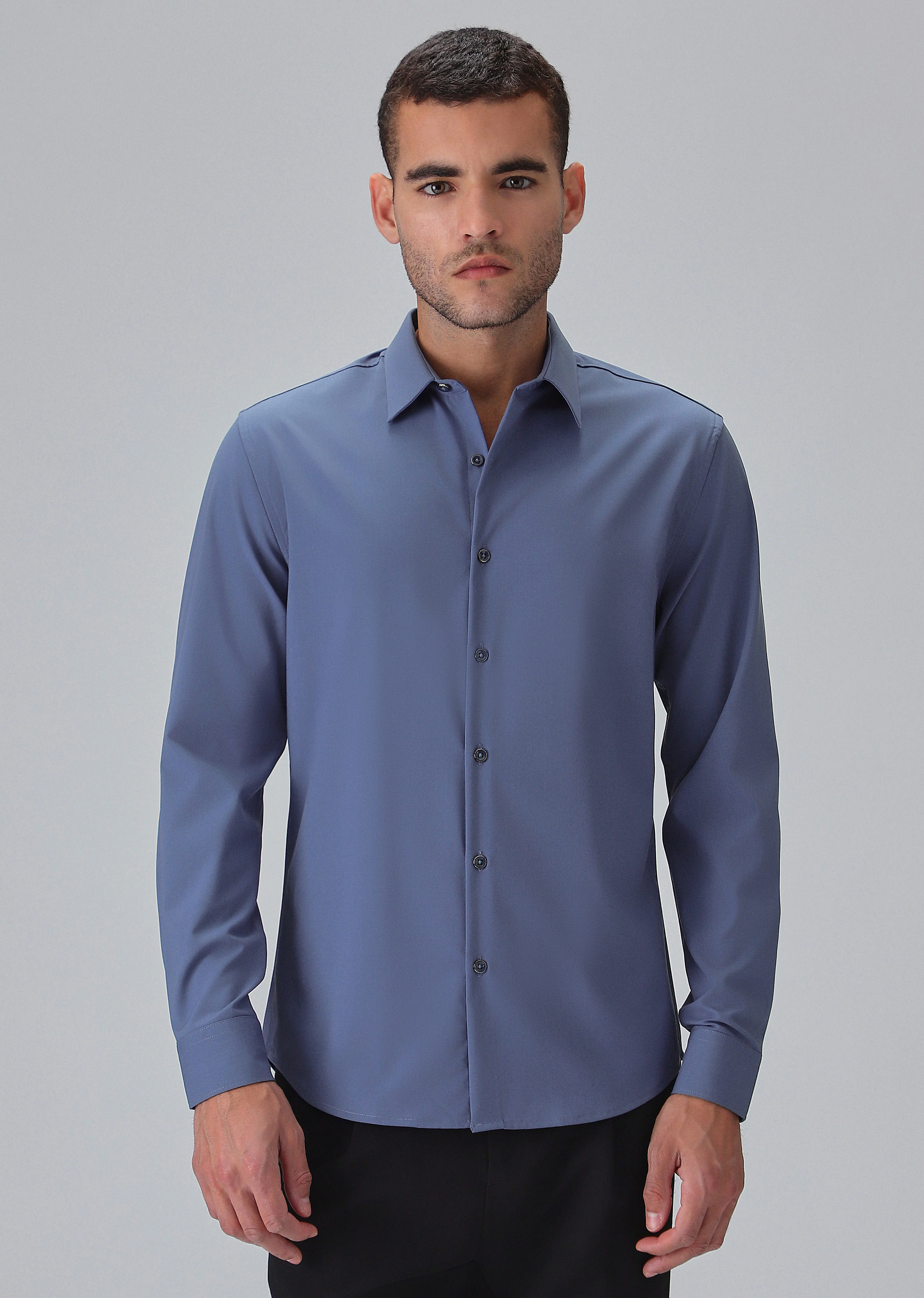 Melange Blue Plain Wrinkle Free Shirt - Image 3