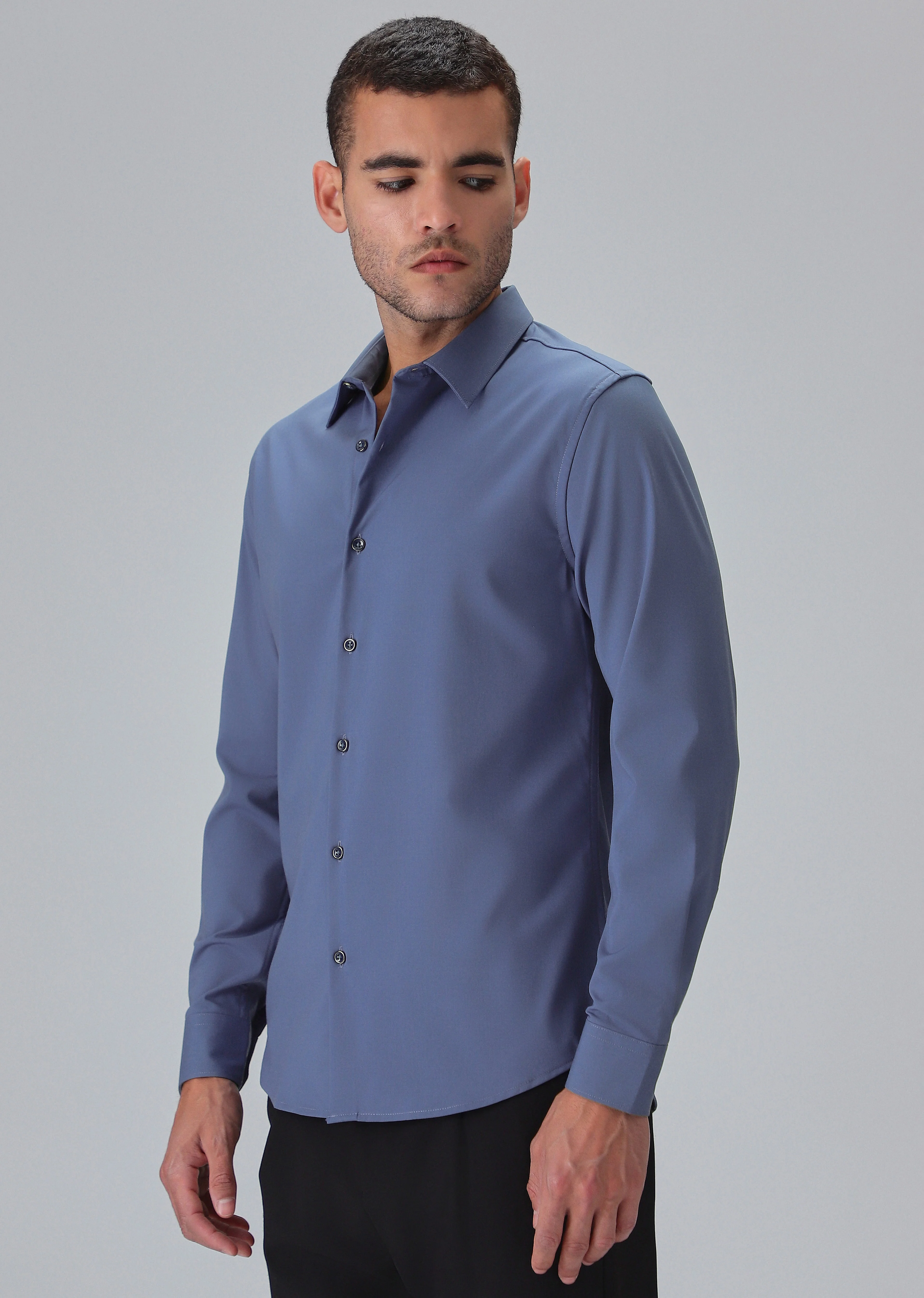 Melange Blue Plain Wrinkle Free Shirt - Image 4