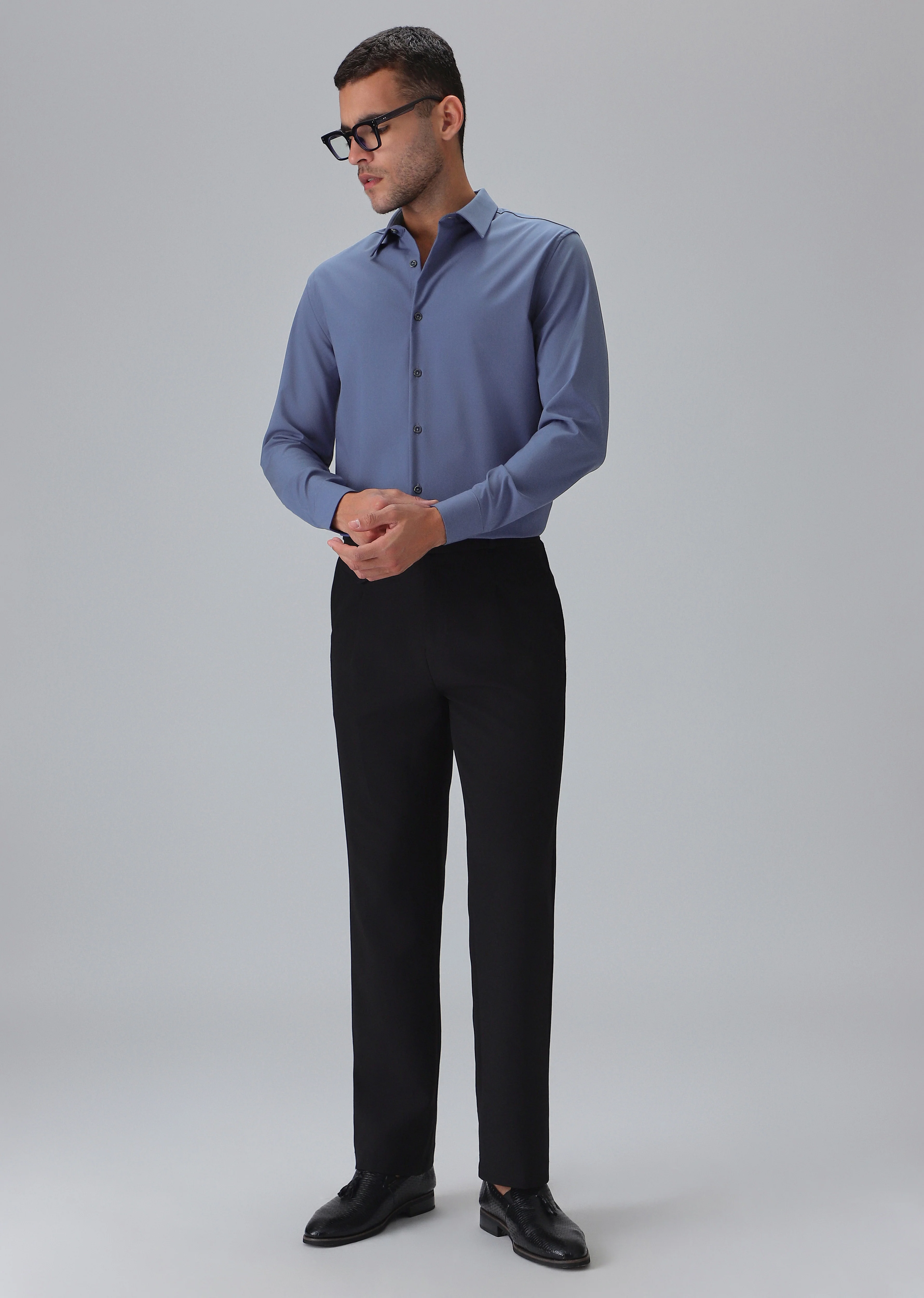Melange Blue Plain Wrinkle Free Shirt - Image 6