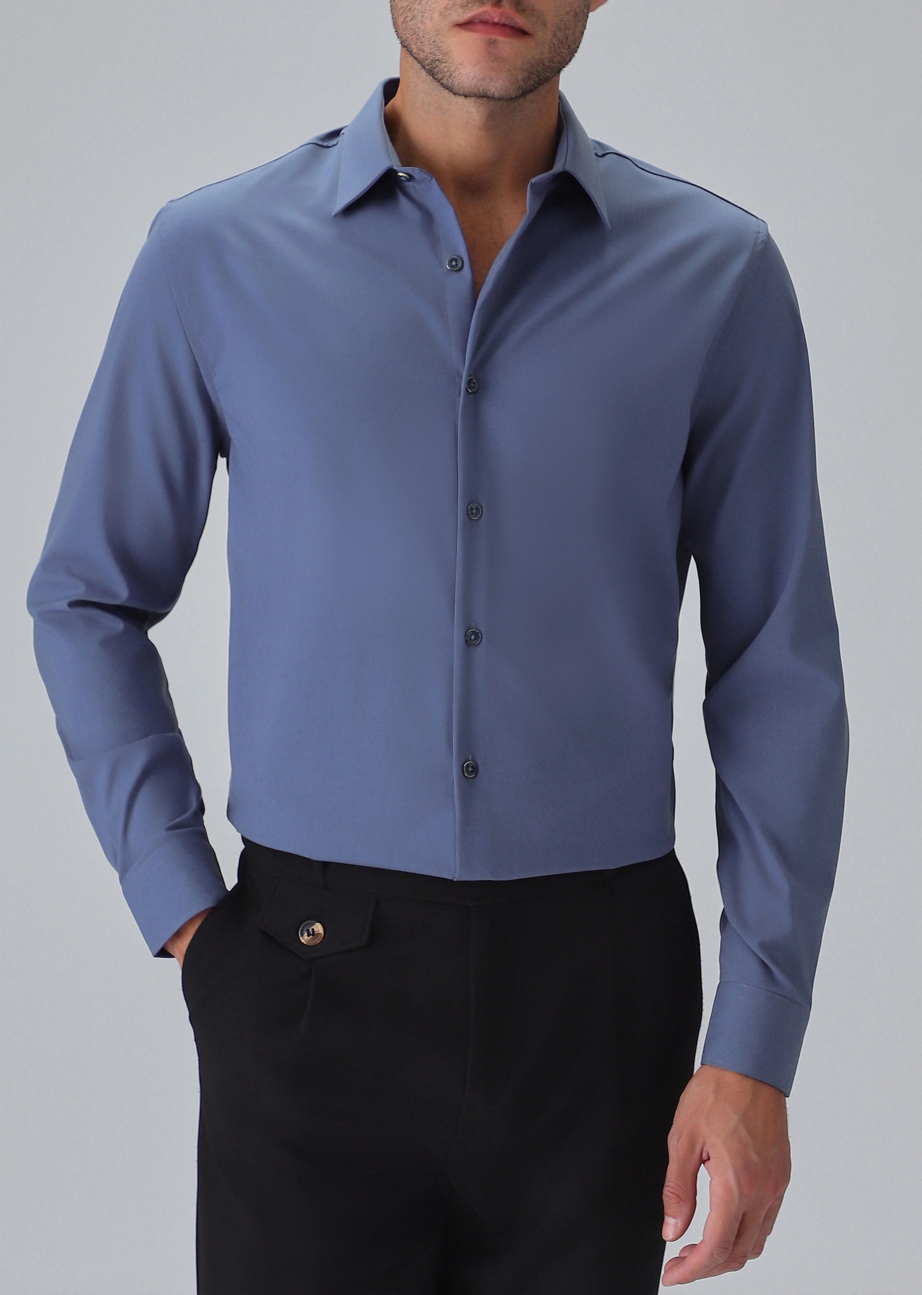 Melange Blue Plain Wrinkle Free Shirt - Image 7
