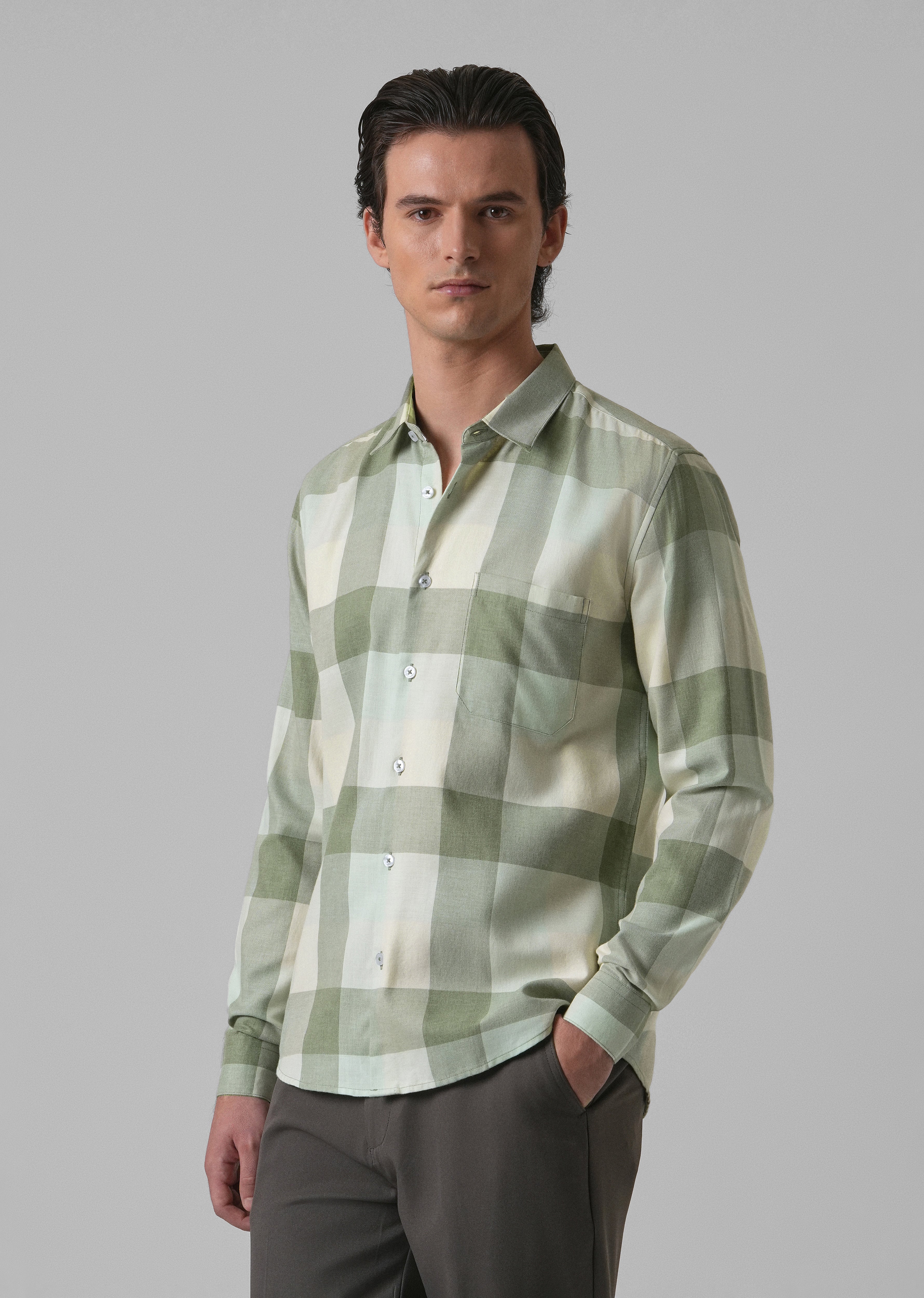 Melange Apple Green Check Shirt - Image 4