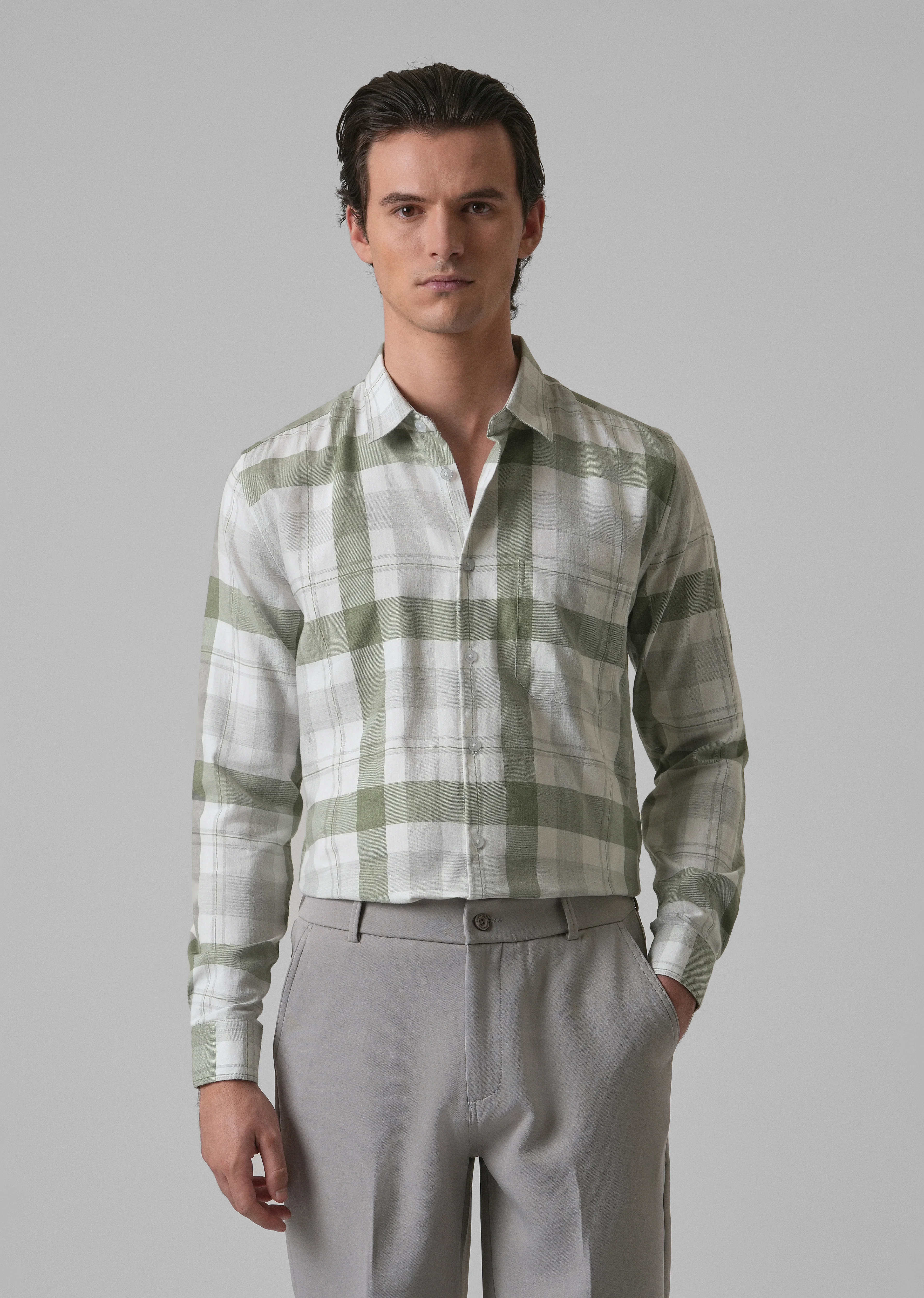 Melange Fern Green Check Shirt - Image 2