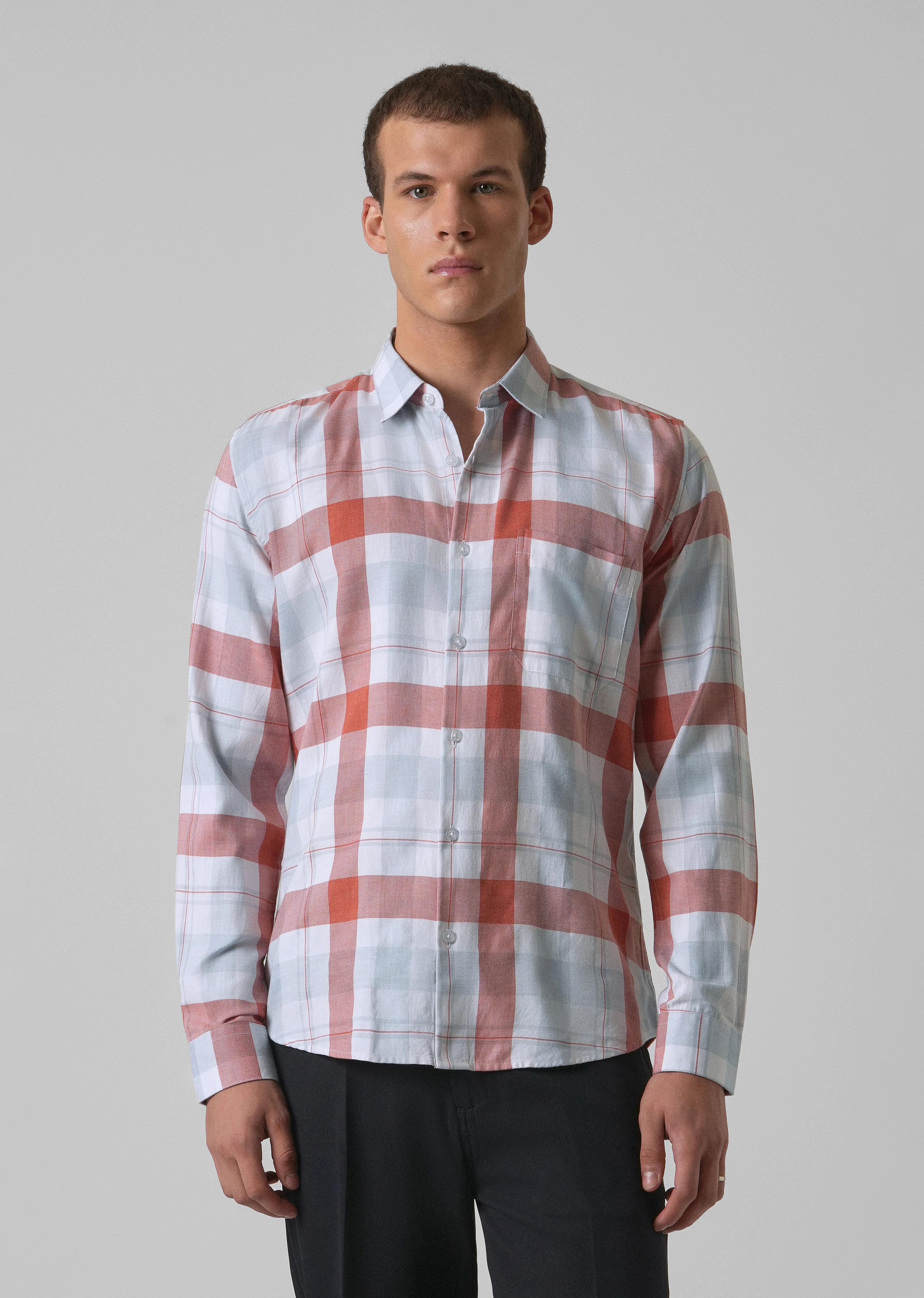 Melange Salmon Red Check Shirt - Image 4