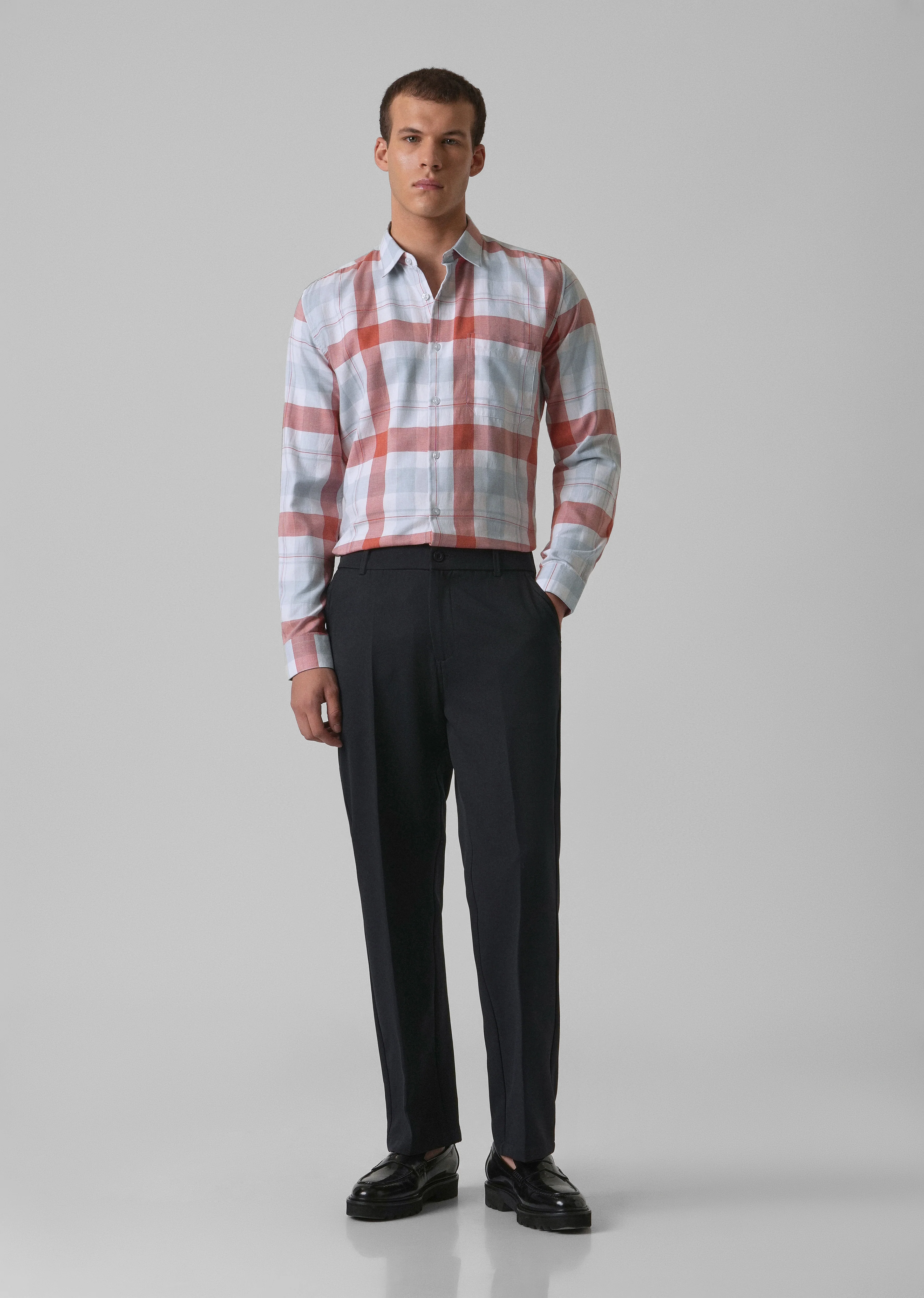 Melange Salmon Red Check Shirt - Image 7