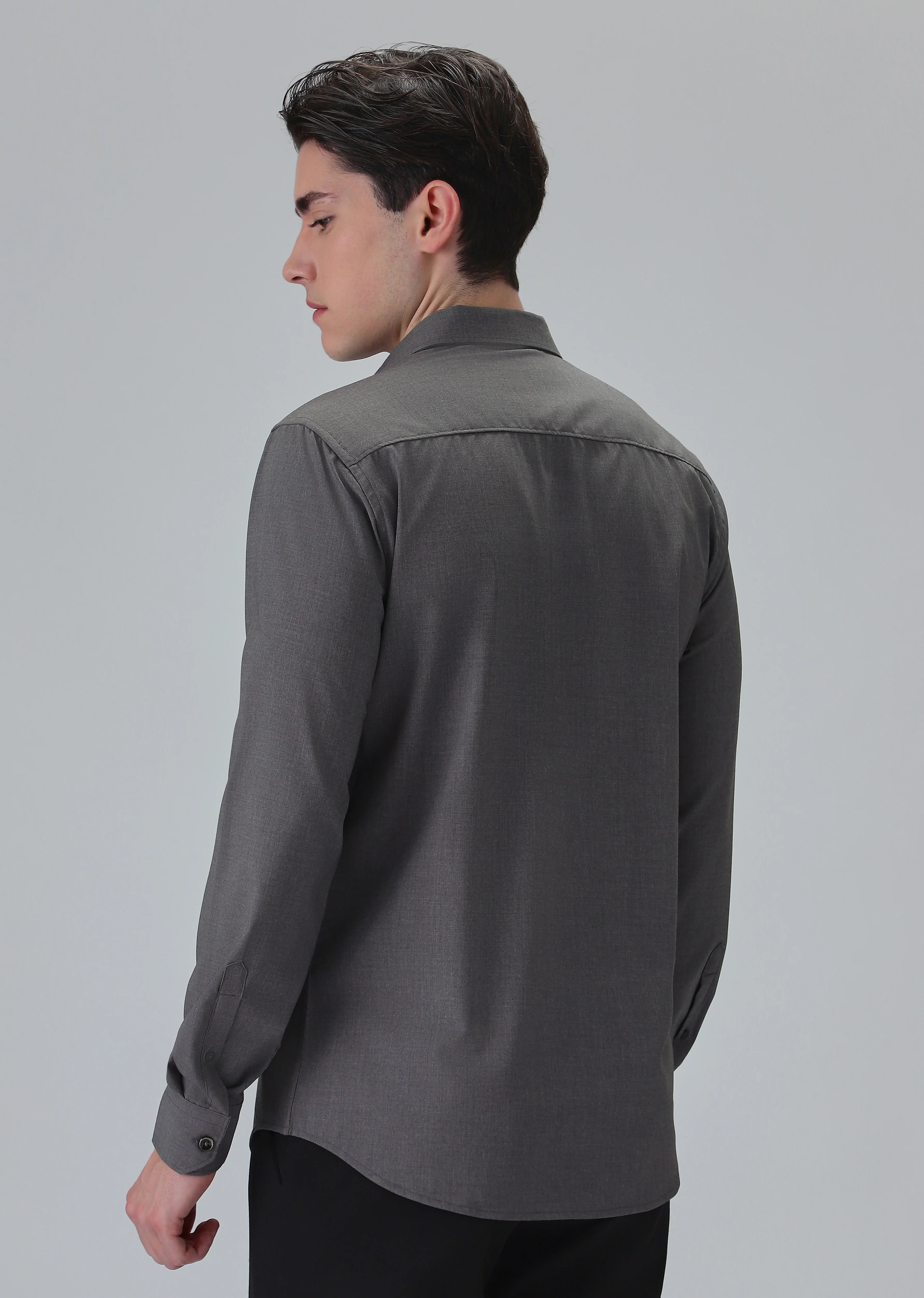 Melange Stone Grey Plain Wrinkle Free Shirt - Image 2
