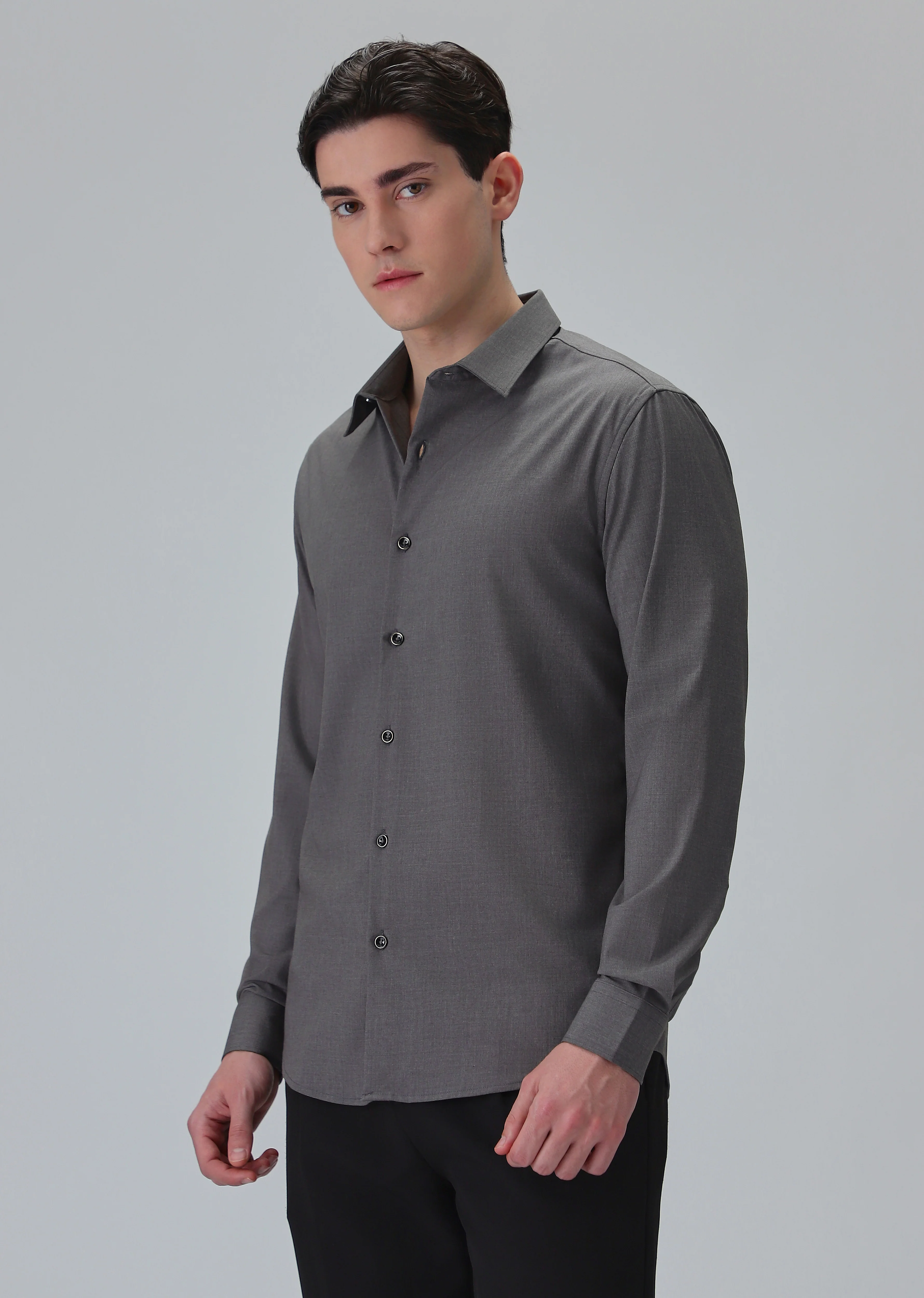 Melange Stone Grey Plain Wrinkle Free Shirt - Image 3