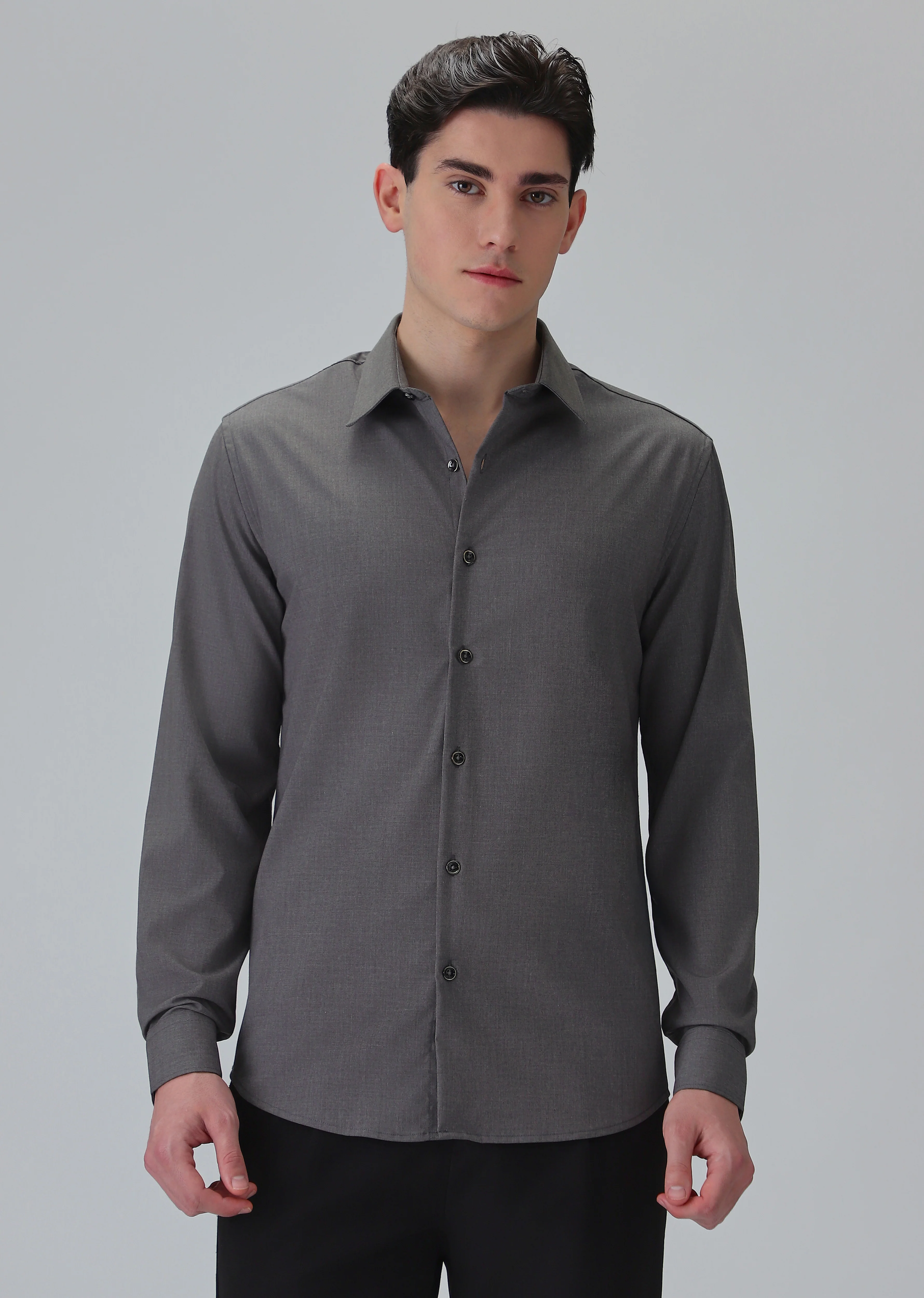Melange Stone Grey Plain Wrinkle Free Shirt - Image 4