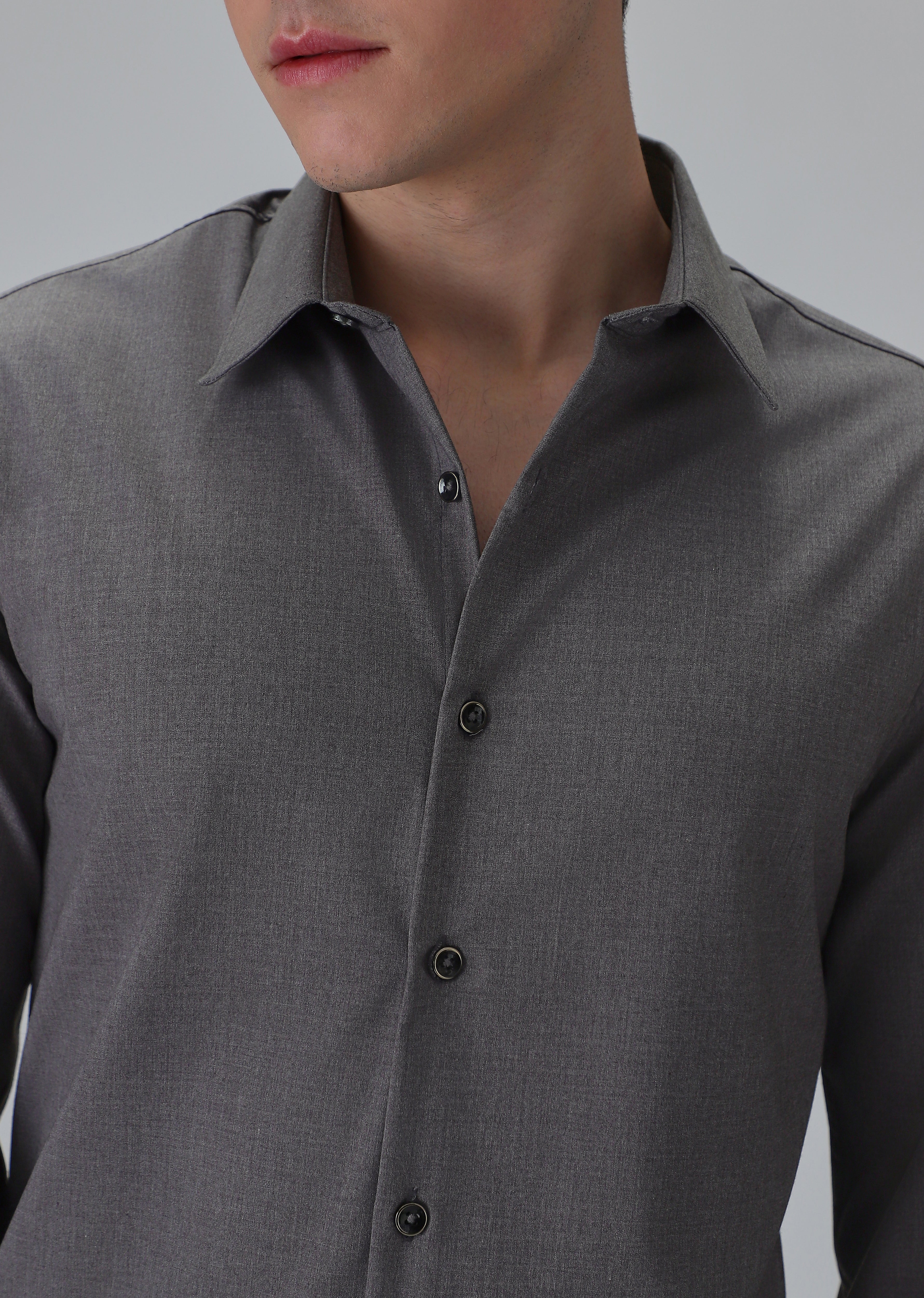 Melange Stone Grey Plain Wrinkle Free Shirt - Image 5