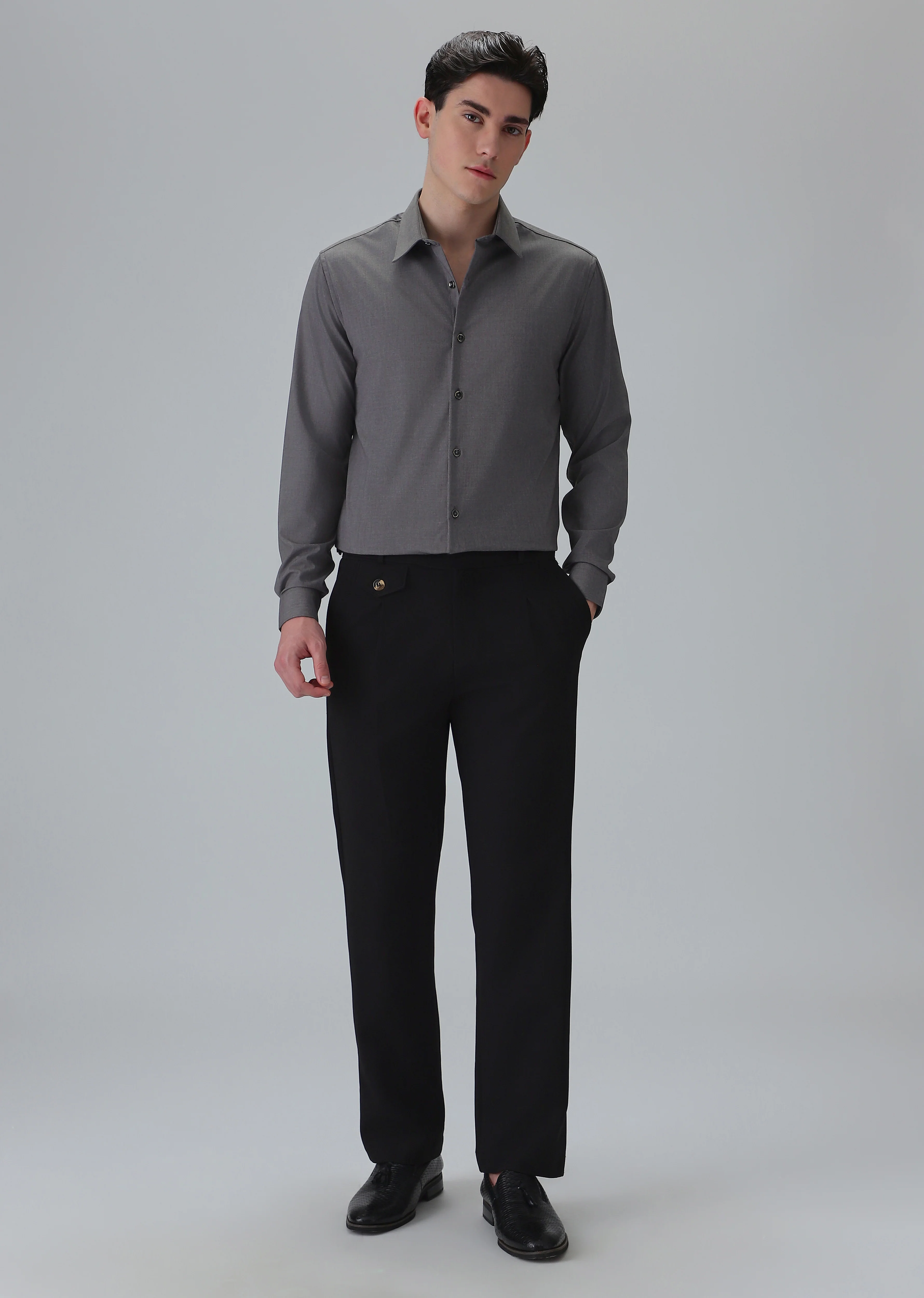 Melange Stone Grey Plain Wrinkle Free Shirt - Image 6