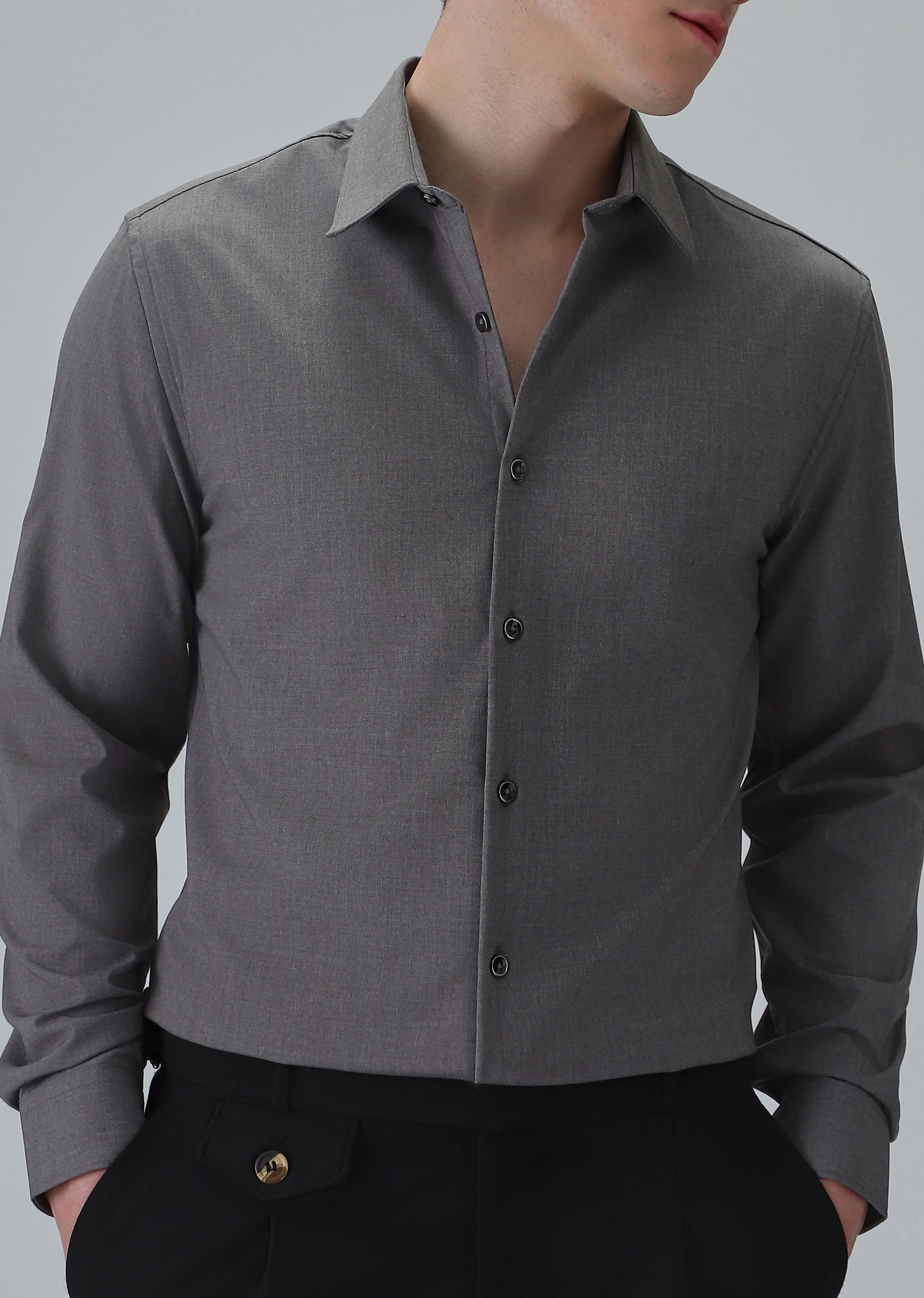 Melange Stone Grey Plain Wrinkle Free Shirt - Image 7