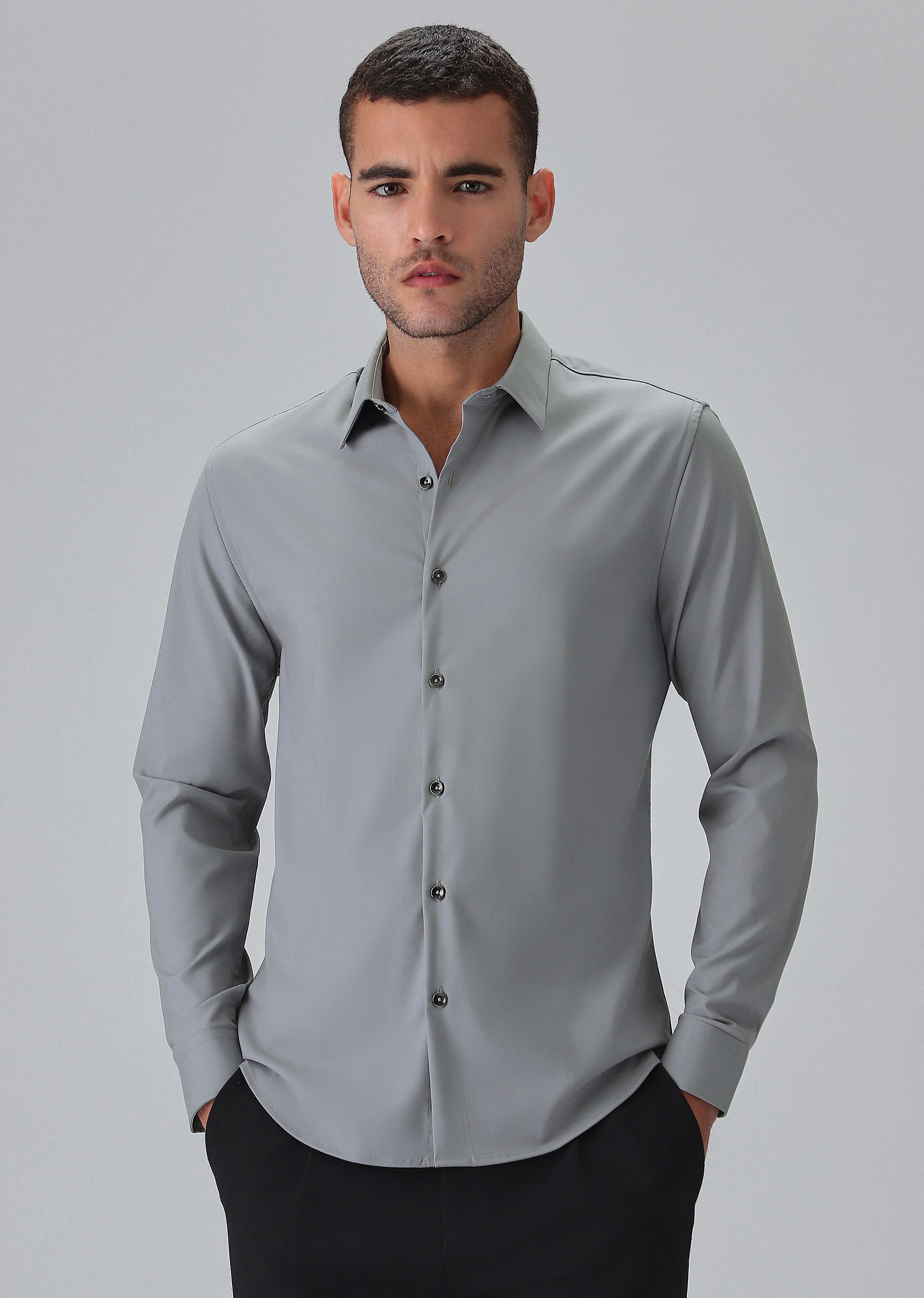 Melange Dark Grey Plain Wrinkle Free Shirt - Image 3