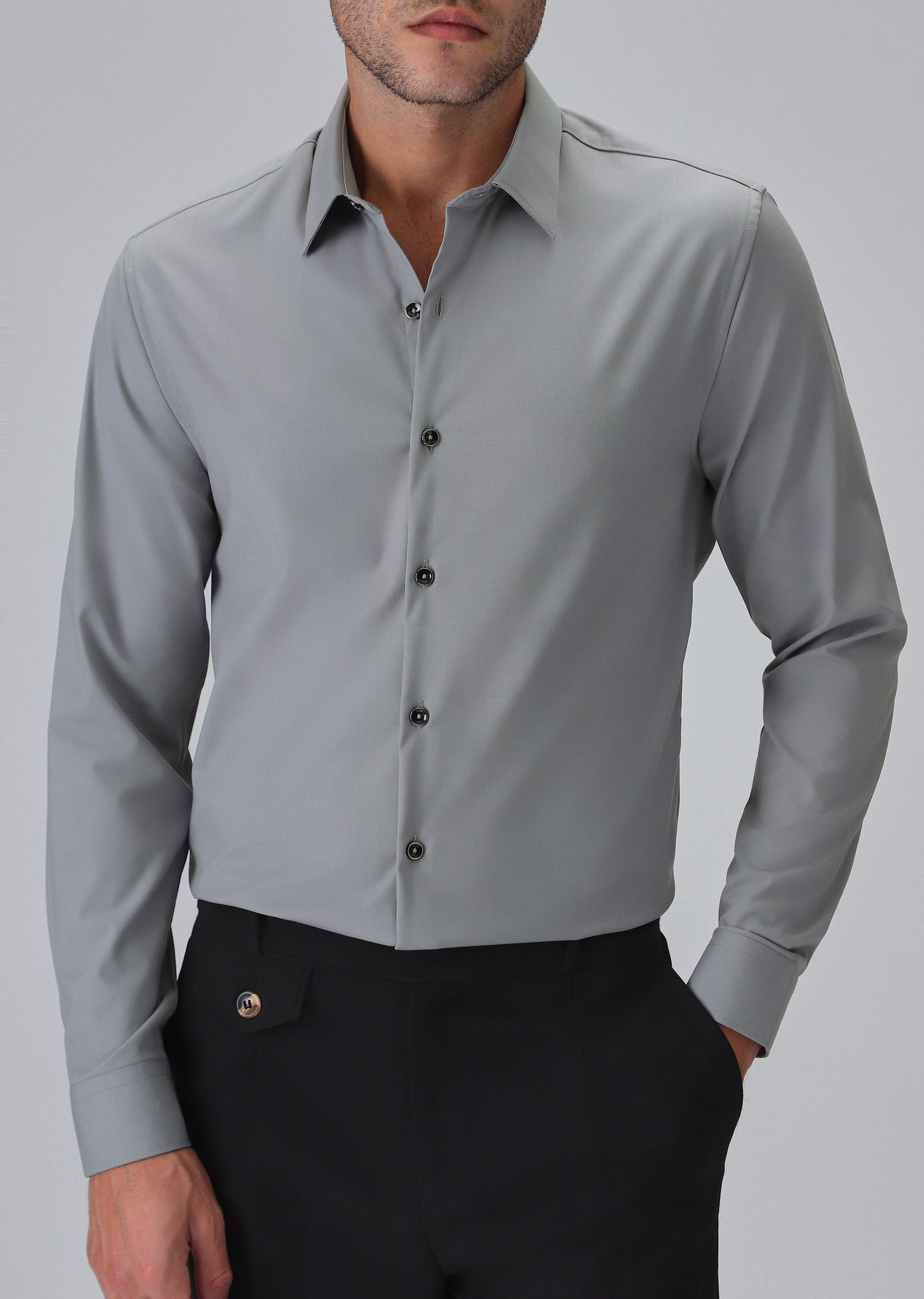 Melange Dark Grey Plain Wrinkle Free Shirt - Image 7