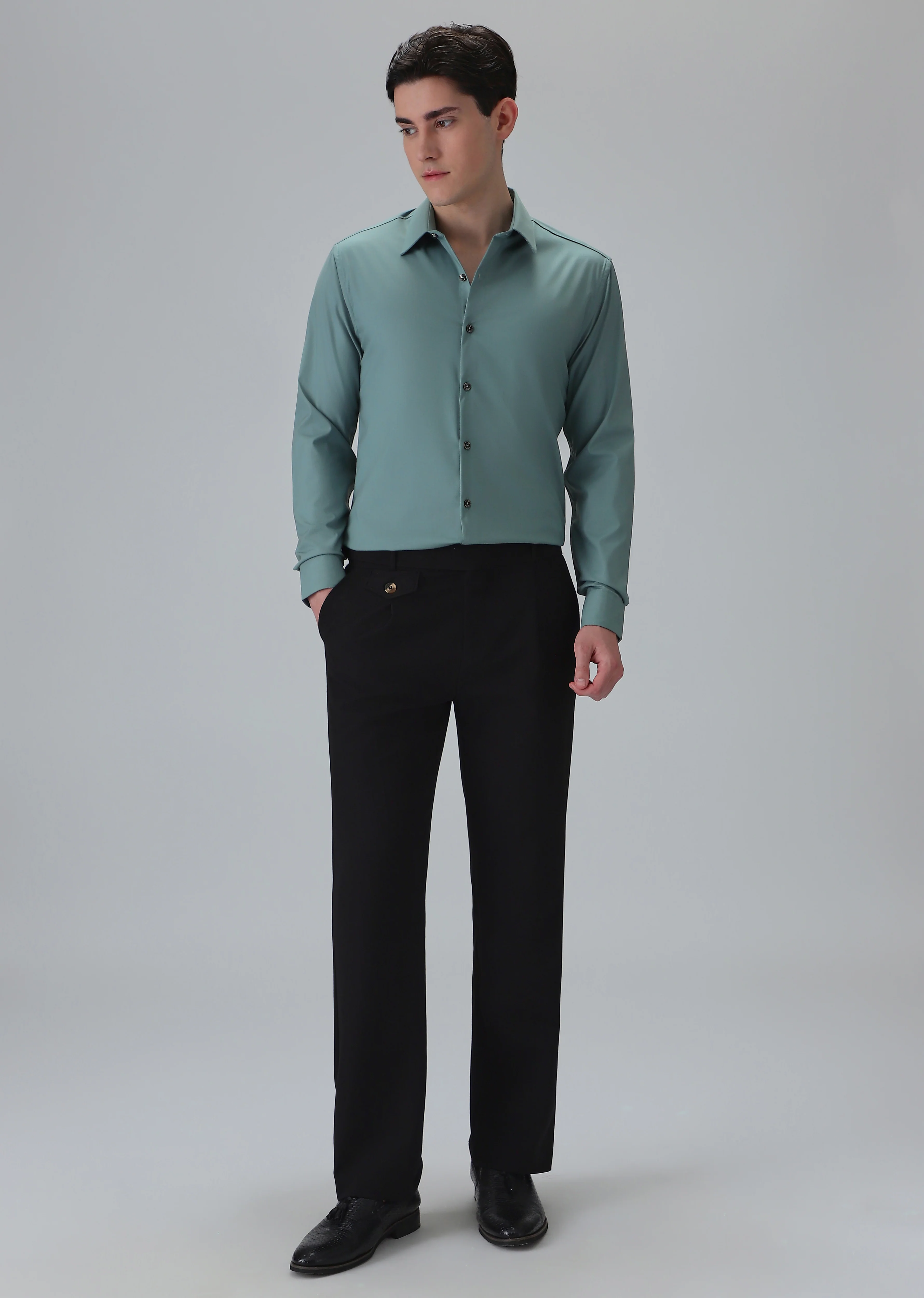 Melange Green Plain Wrinkle Free Shirt - Image 6
