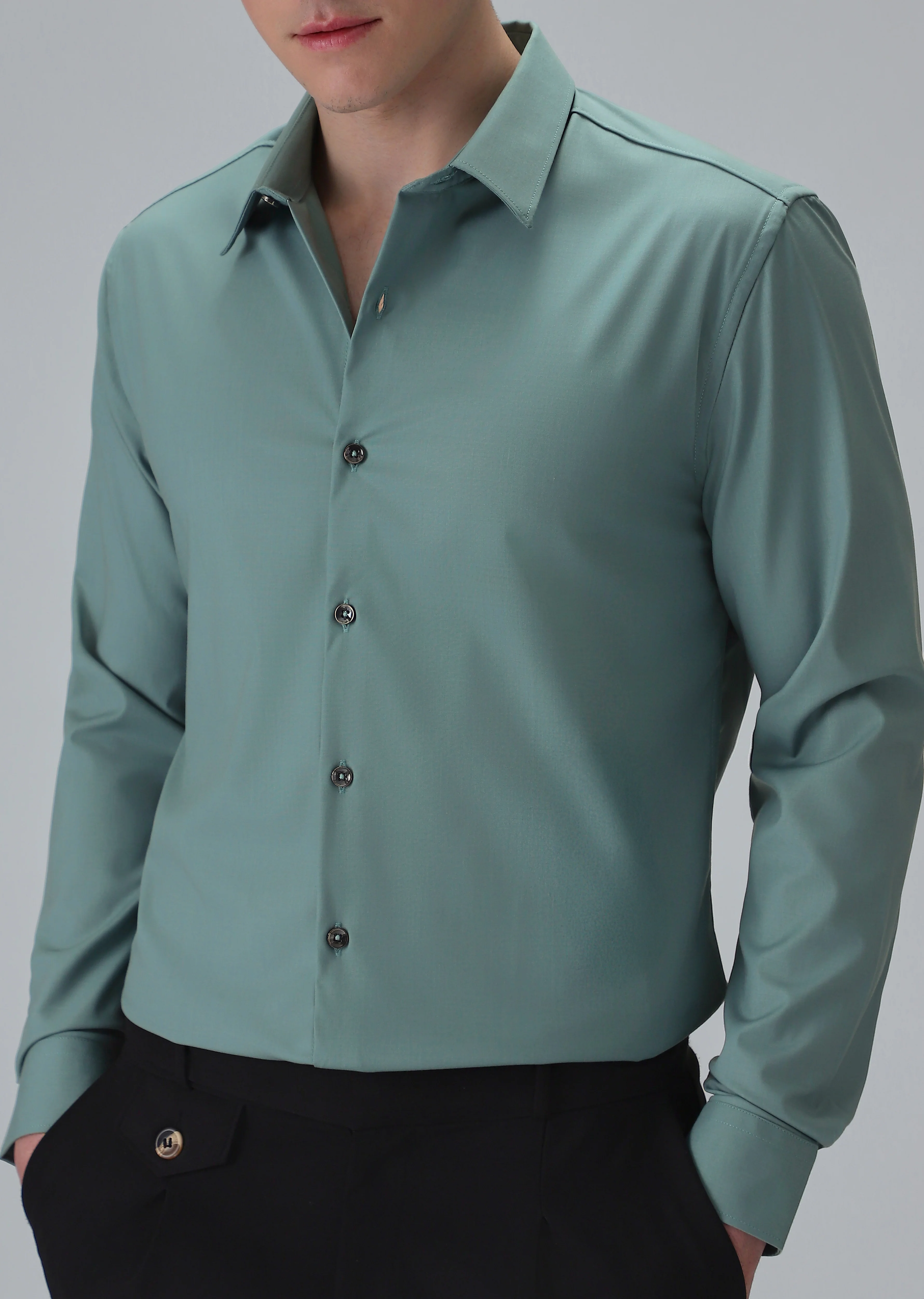 Melange Green Plain Wrinkle Free Shirt - Image 7