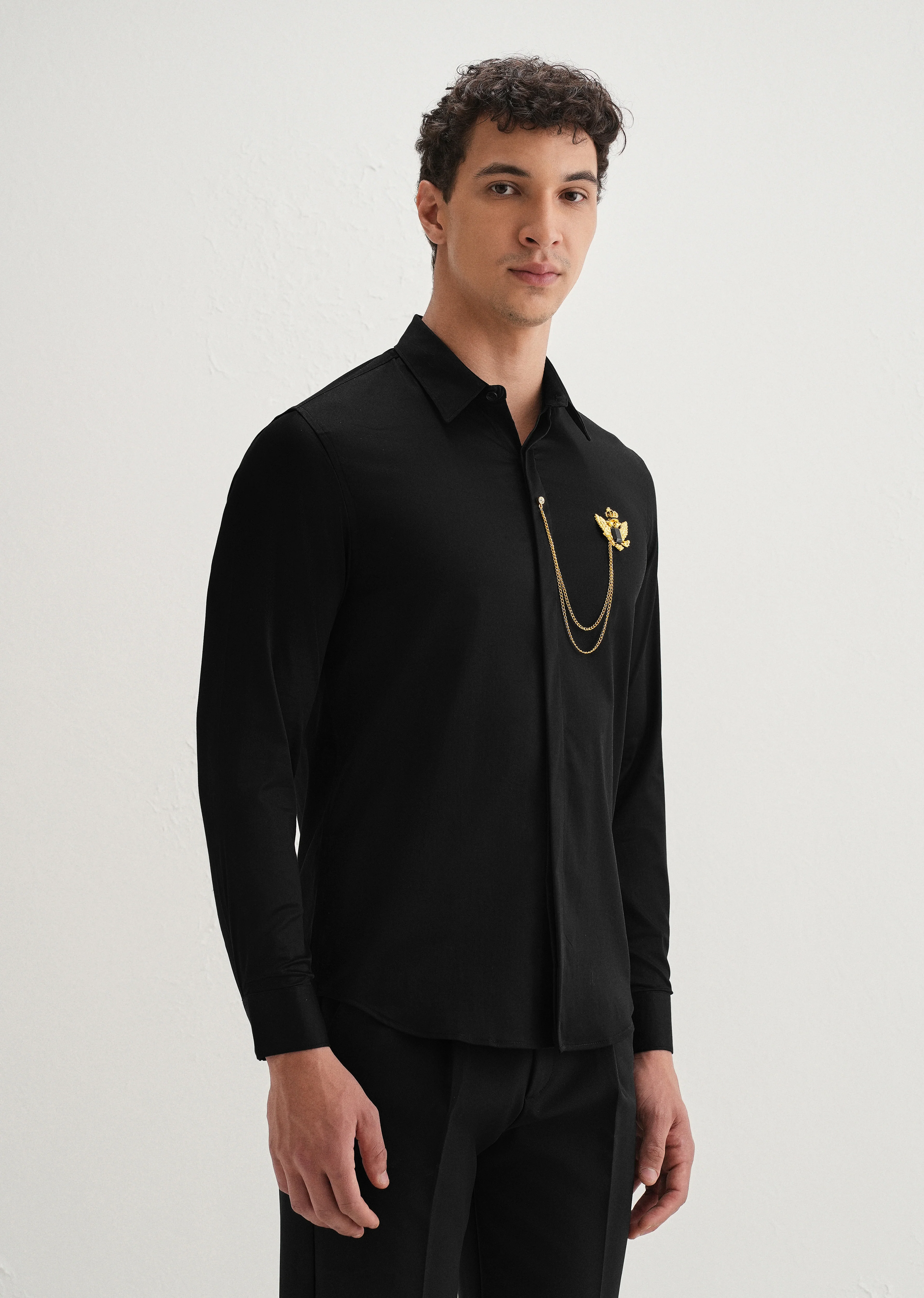 Metallic Bird Brooch Black Designer Shirt - Image 4
