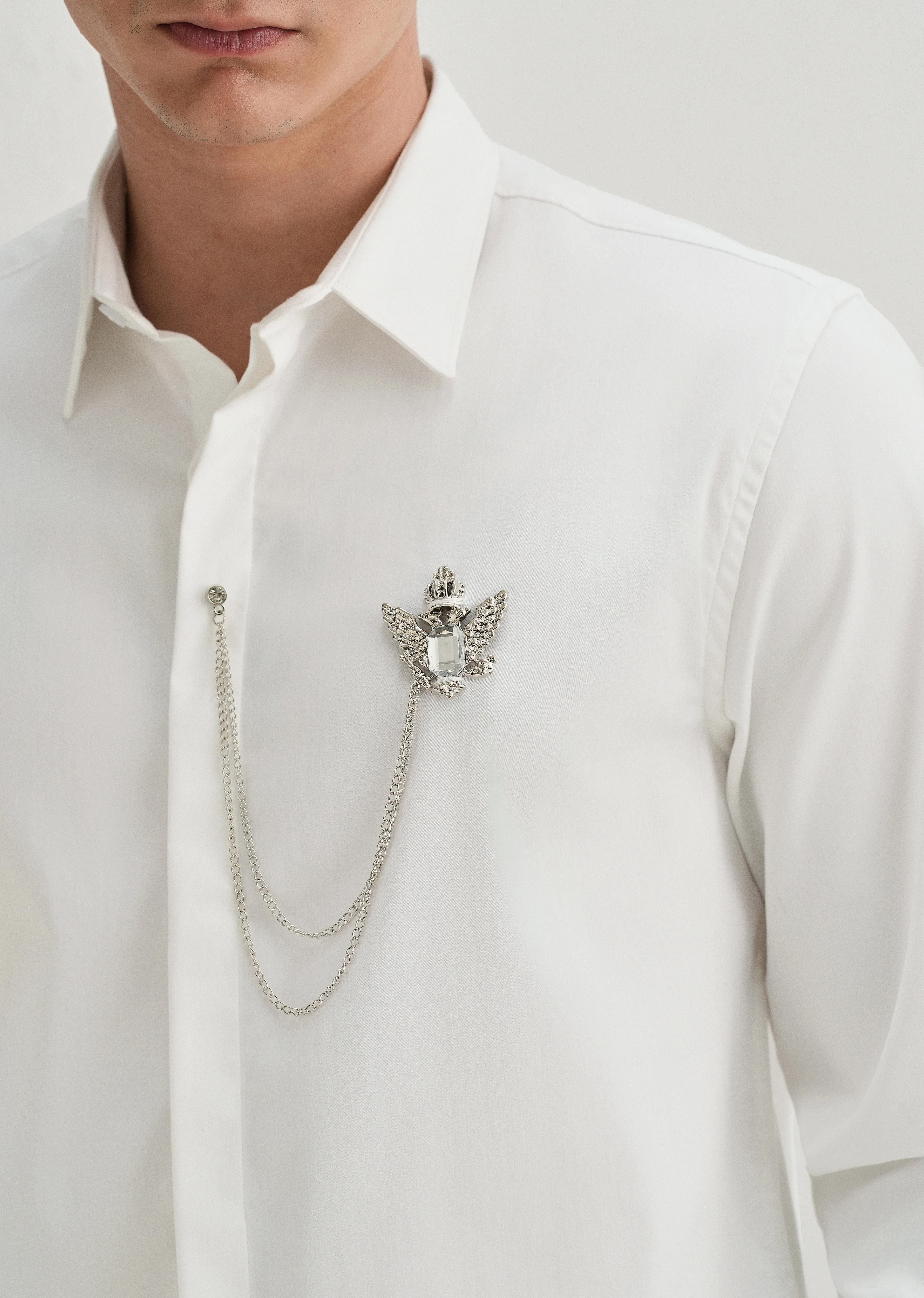 Metallic Bird Brooch White Designer Shirt - Image 5
