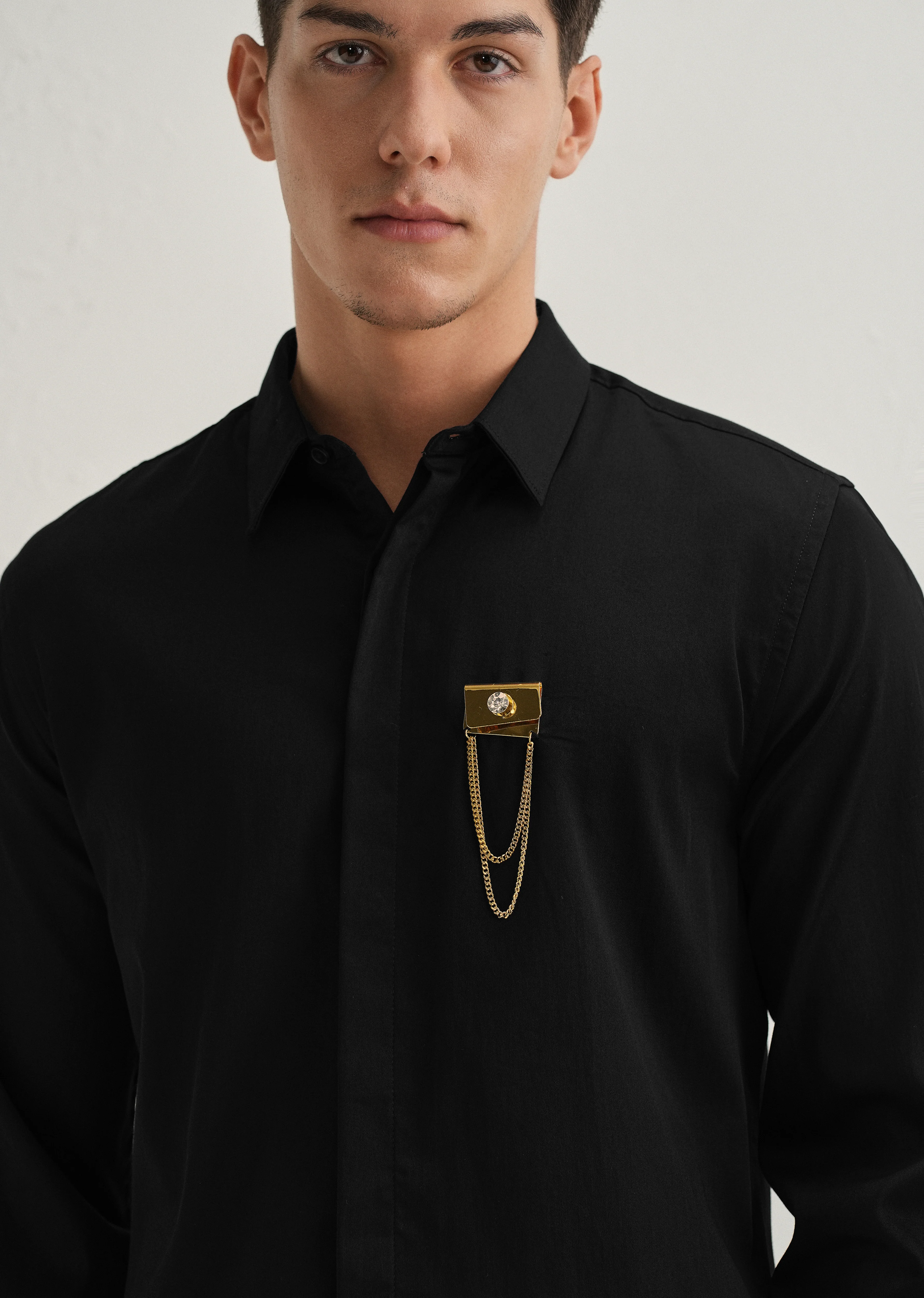 Metallic Chain Brooch Black Designer Shirt - Image 2