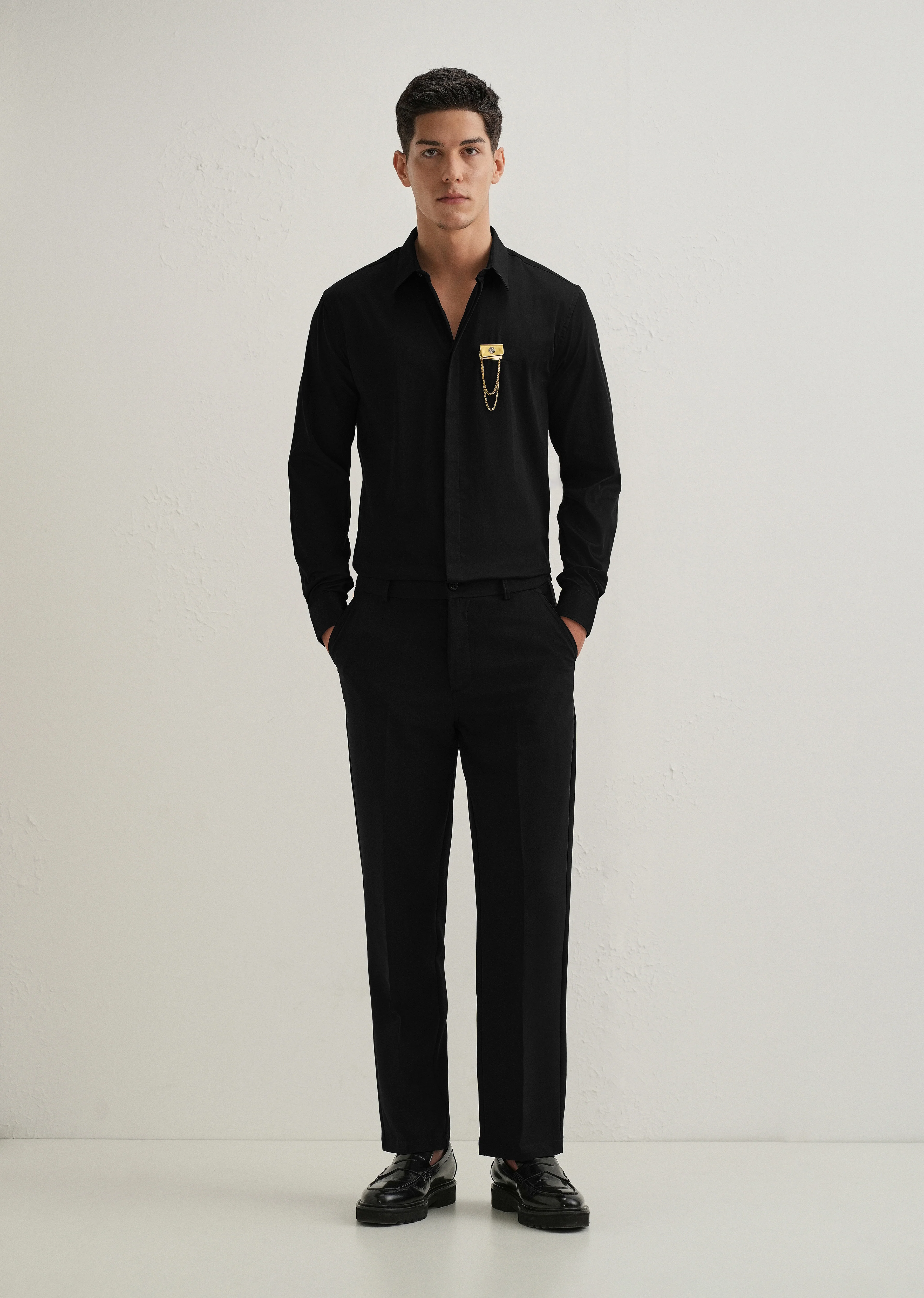 Metallic Chain Brooch Black Designer Shirt - Image 6