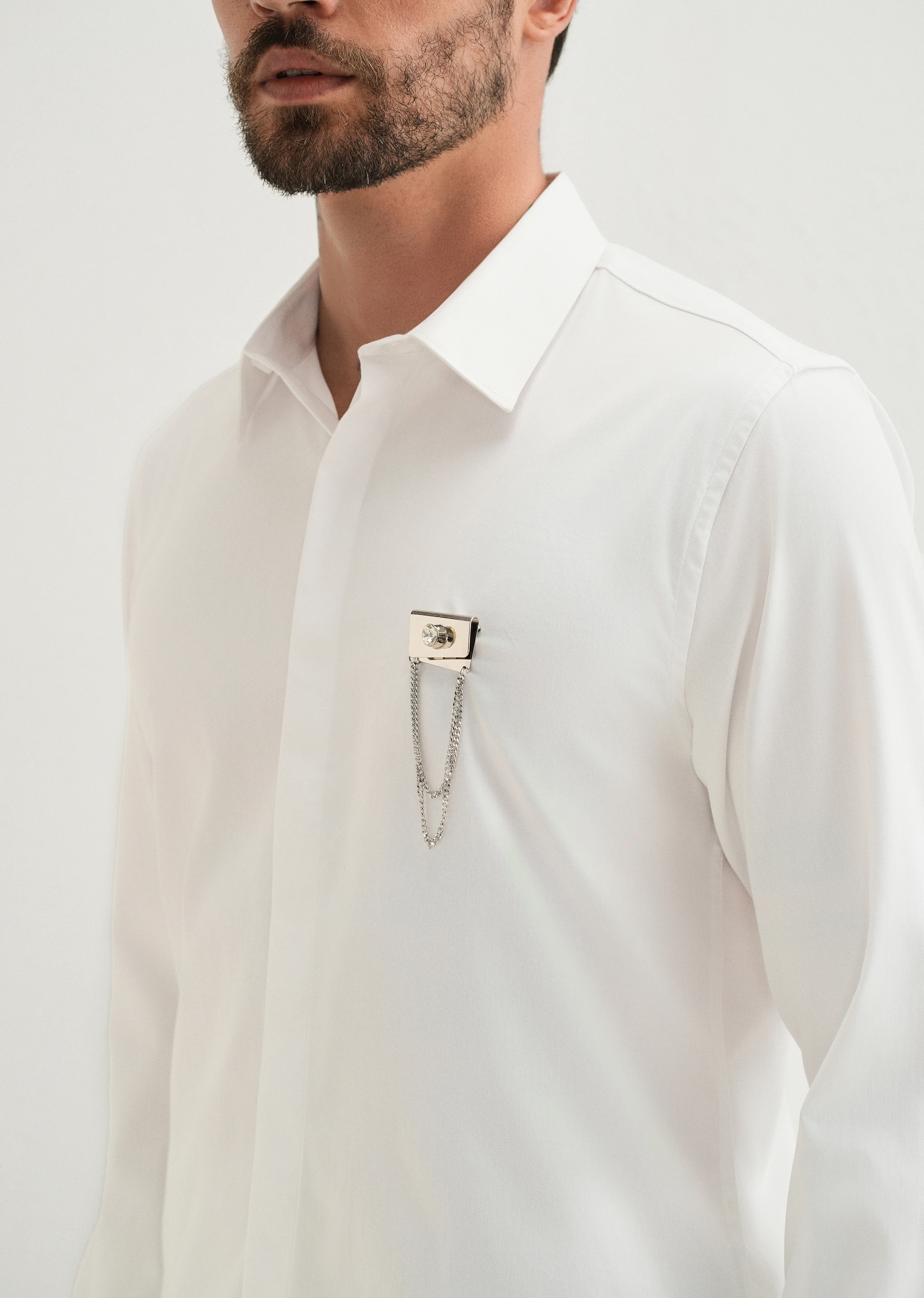 Metallic Chain Brooch White Designer Shirt - Image 2