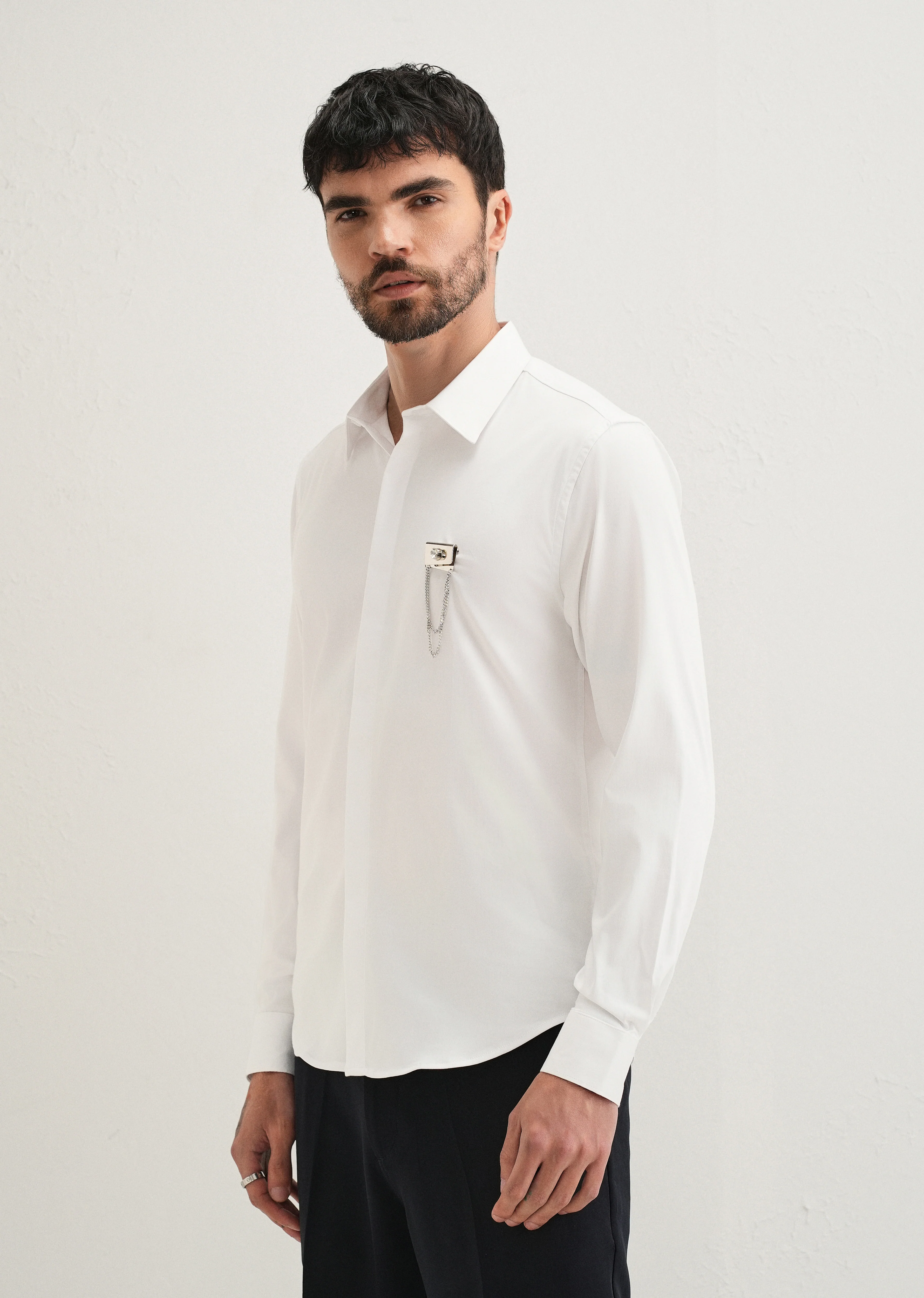 Metallic Chain Brooch White Designer Shirt - Image 5
