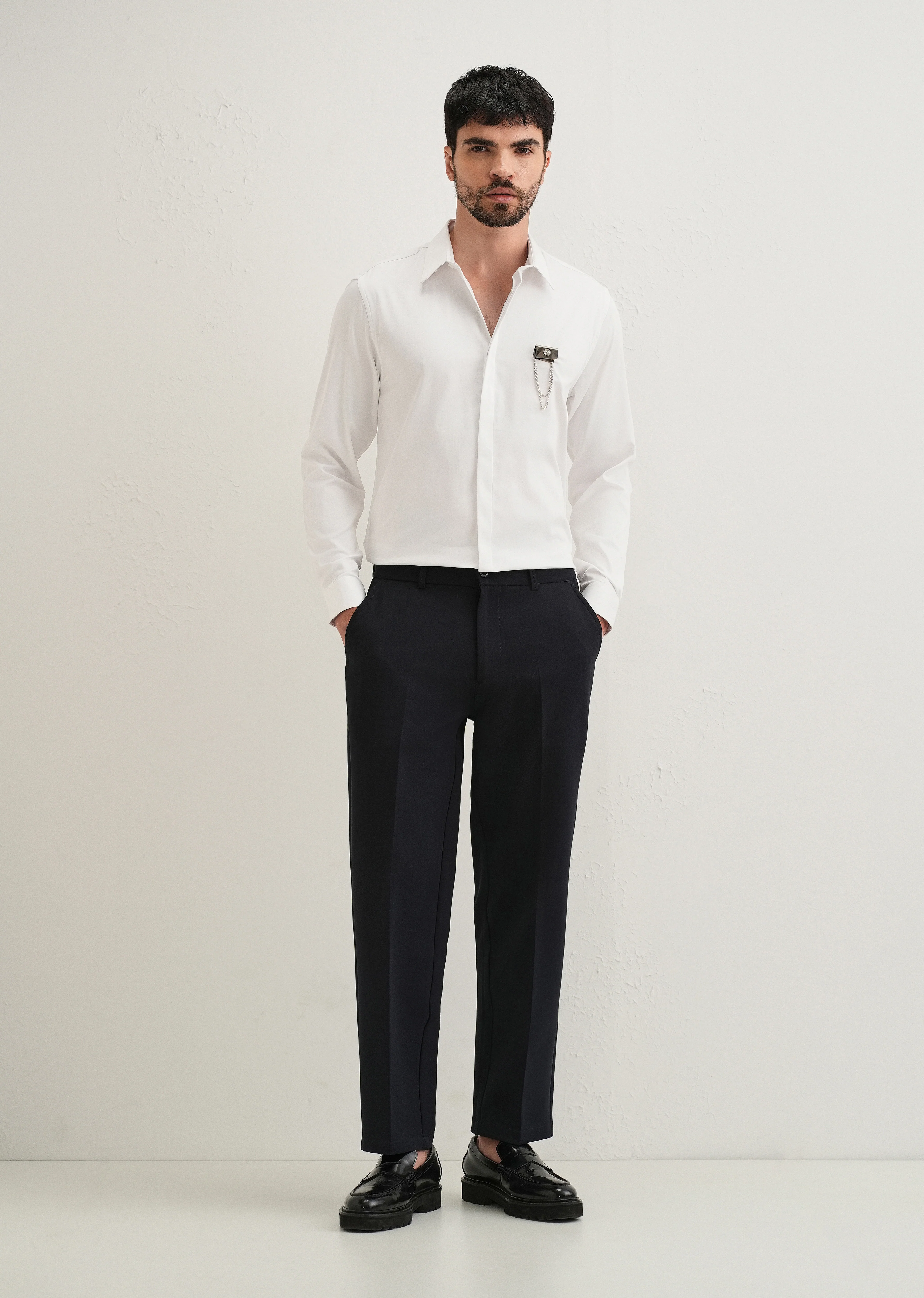 Metallic Chain Brooch White Designer Shirt - Image 6